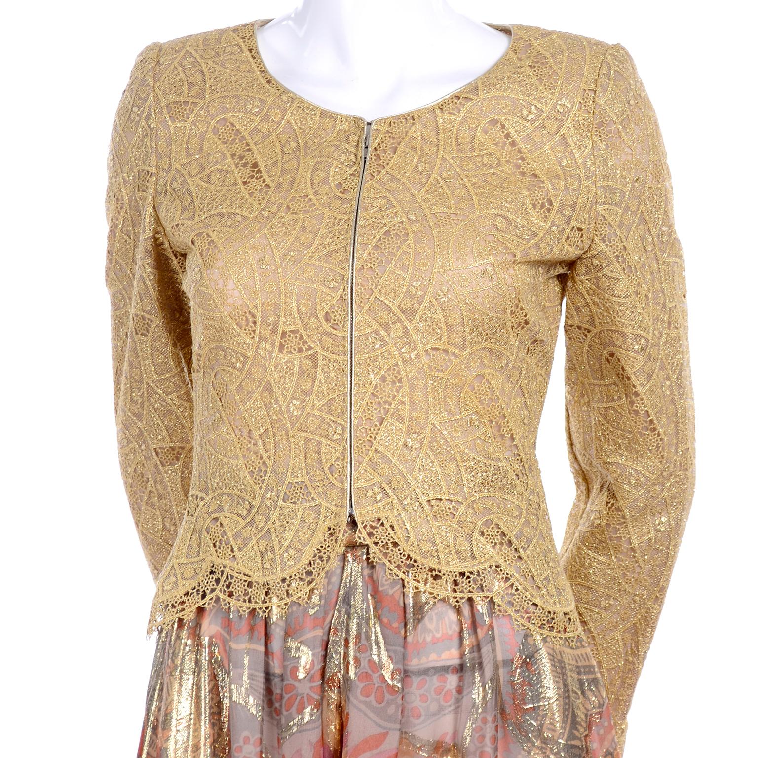 Mary McFadden Couture Evening Gold Lame Print Harem Pants & Gold Lace Zip Top  For Sale 2