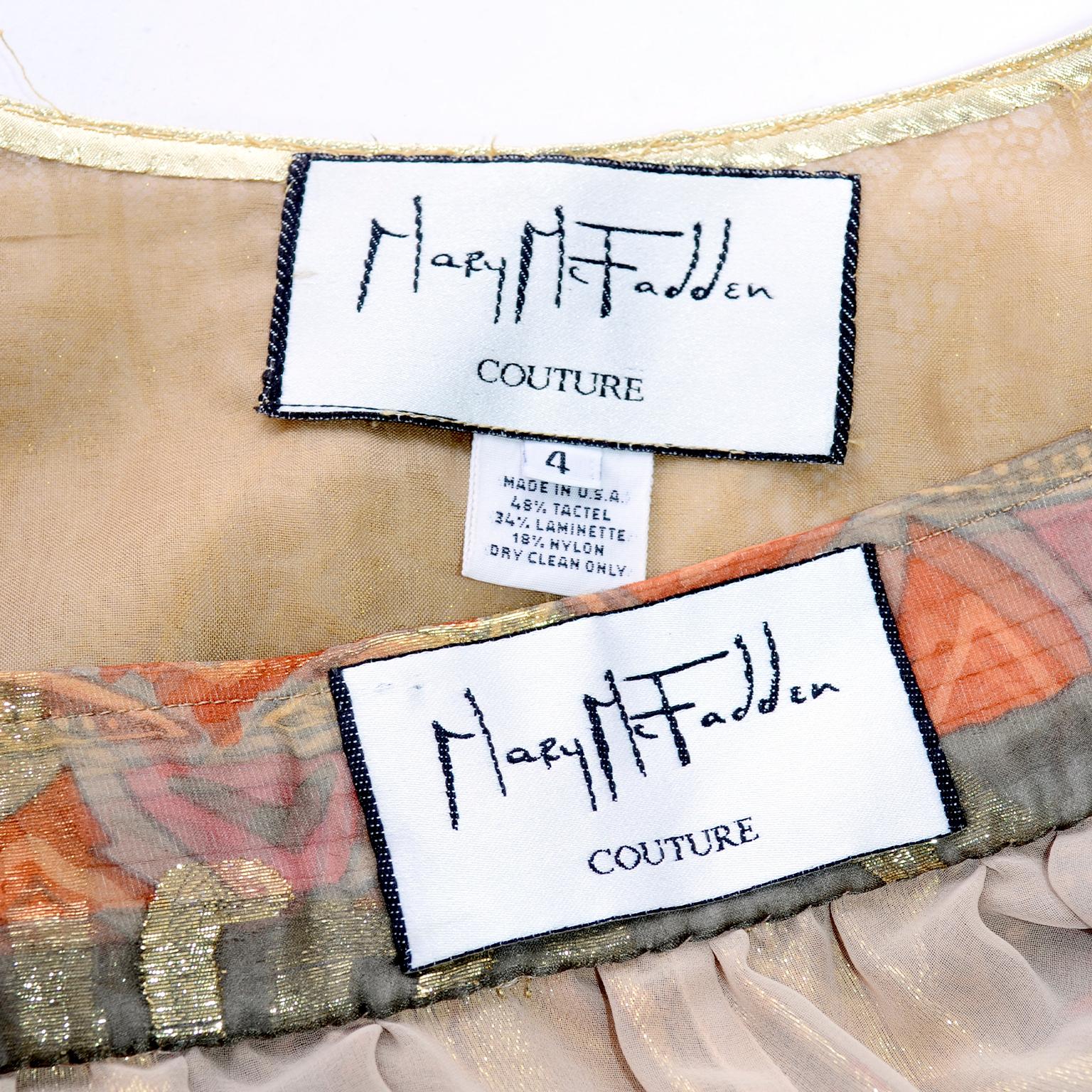 Mary McFadden Couture - Pantalon harem imprimé lamé or et haut à fermeture éclair en dentelle dorée, soirée  en vente 11