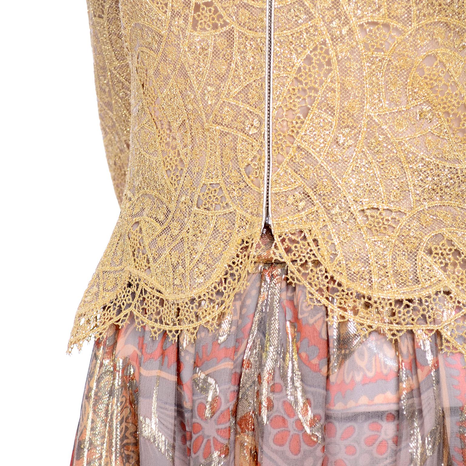 Mary McFadden Couture Evening Gold Lame Print Harem Pants & Gold Lace Zip Top  For Sale 6