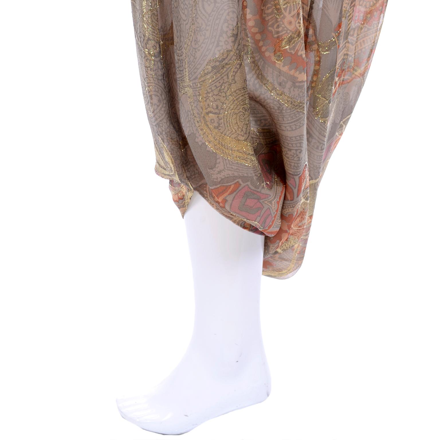 Mary McFadden Couture Evening Gold Lame Print Harem Pants & Gold Lace Zip Top  For Sale 7