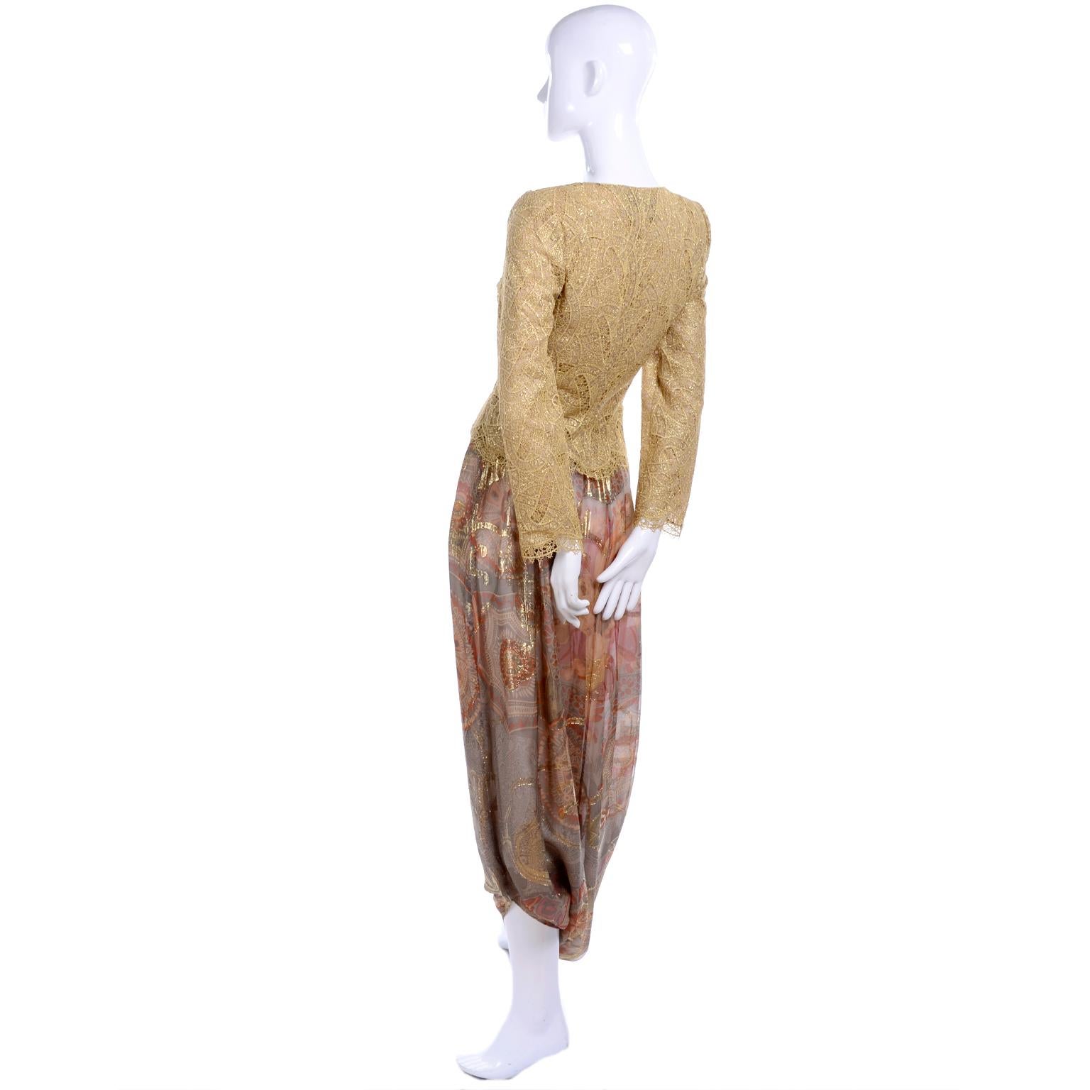 Mary McFadden Couture Evening Gold Lame Print Harem Pants & Gold Lace Zip Top  For Sale 1