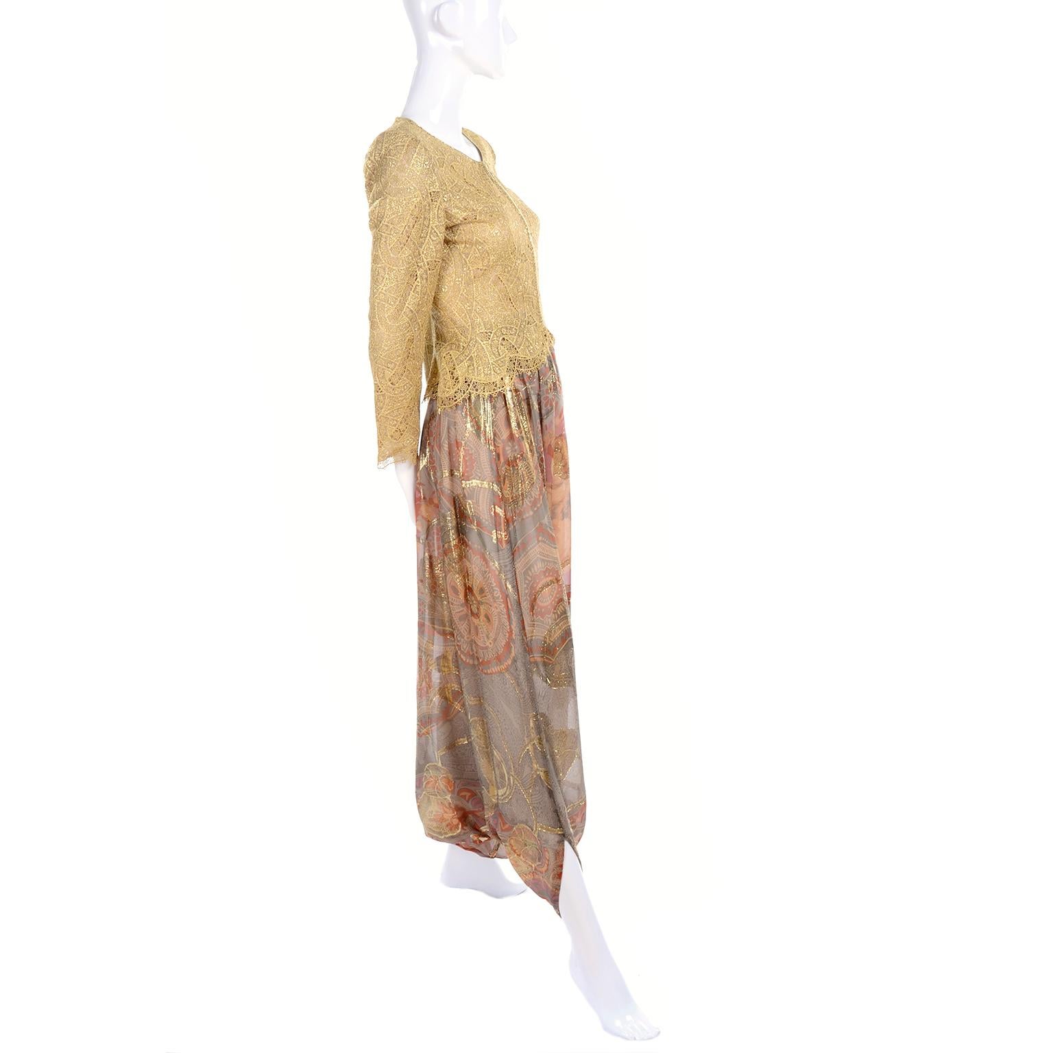 Brown Mary McFadden Couture Evening Gold Lame Print Harem Pants & Gold Lace Zip Top  For Sale