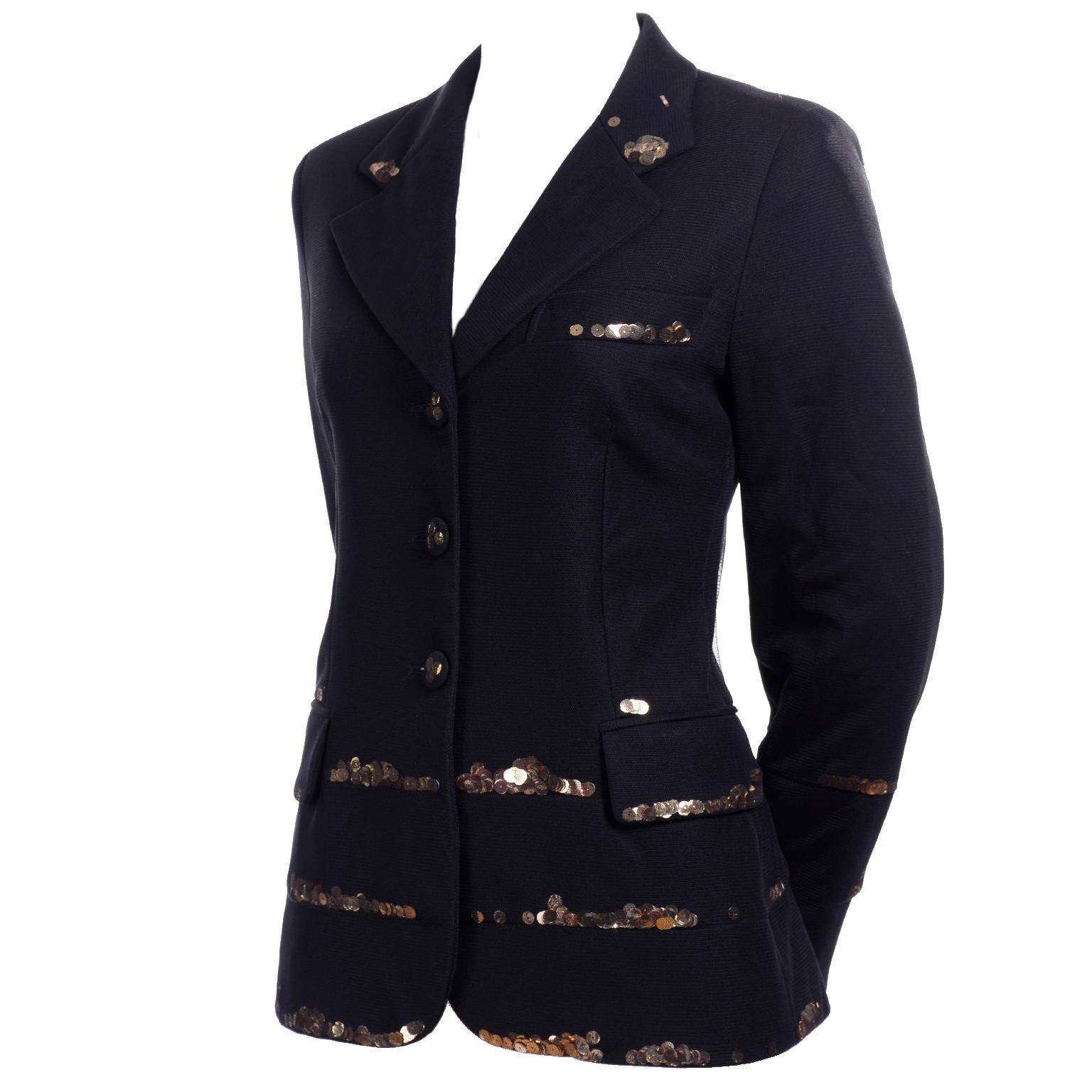Vintage Moschino Black Blazer With Fine Netting and Gold Sequins