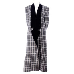 1980s Vintage Escada Black & Cream Plaid Coat With Black Velvet Lapels