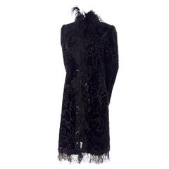 Oscar de la Renta Black Velvet Evening Coat W Lace Sequins & Ostrich Feathers