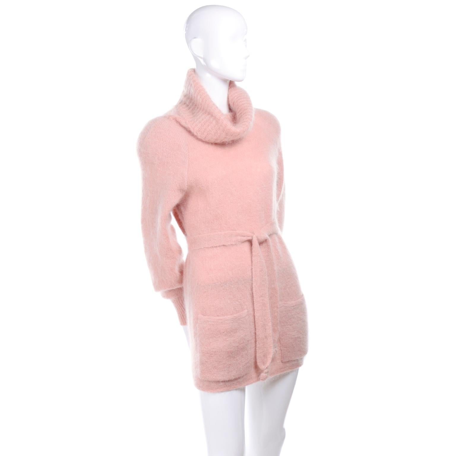 Women's 1970s Anne Klein Pink Mohair Cowl Neck Sweater With Pockets & Belt Made in Italy