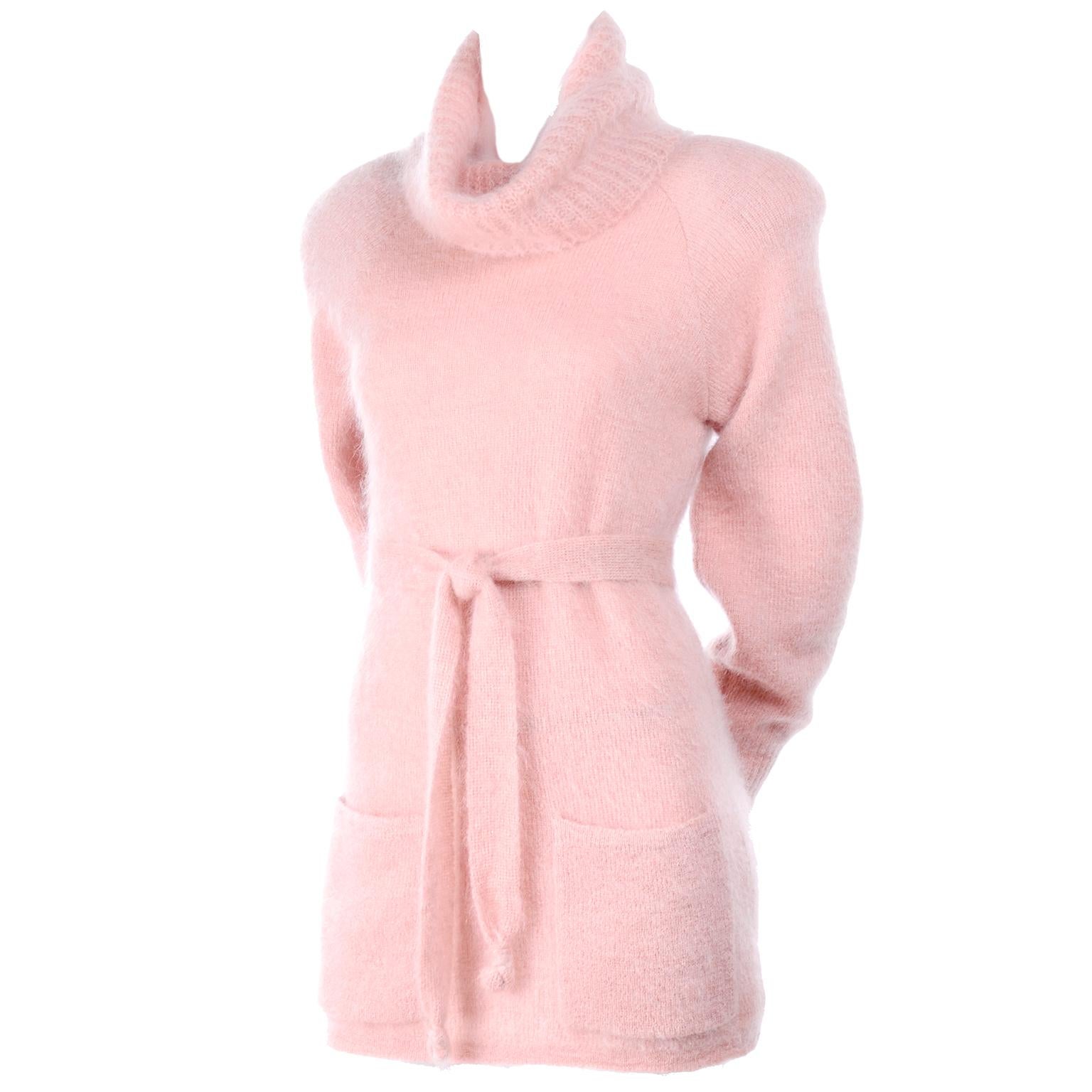 1970s Anne Klein Pink Mohair Cowl Neck Sweater With Pockets & Belt Made in Italy