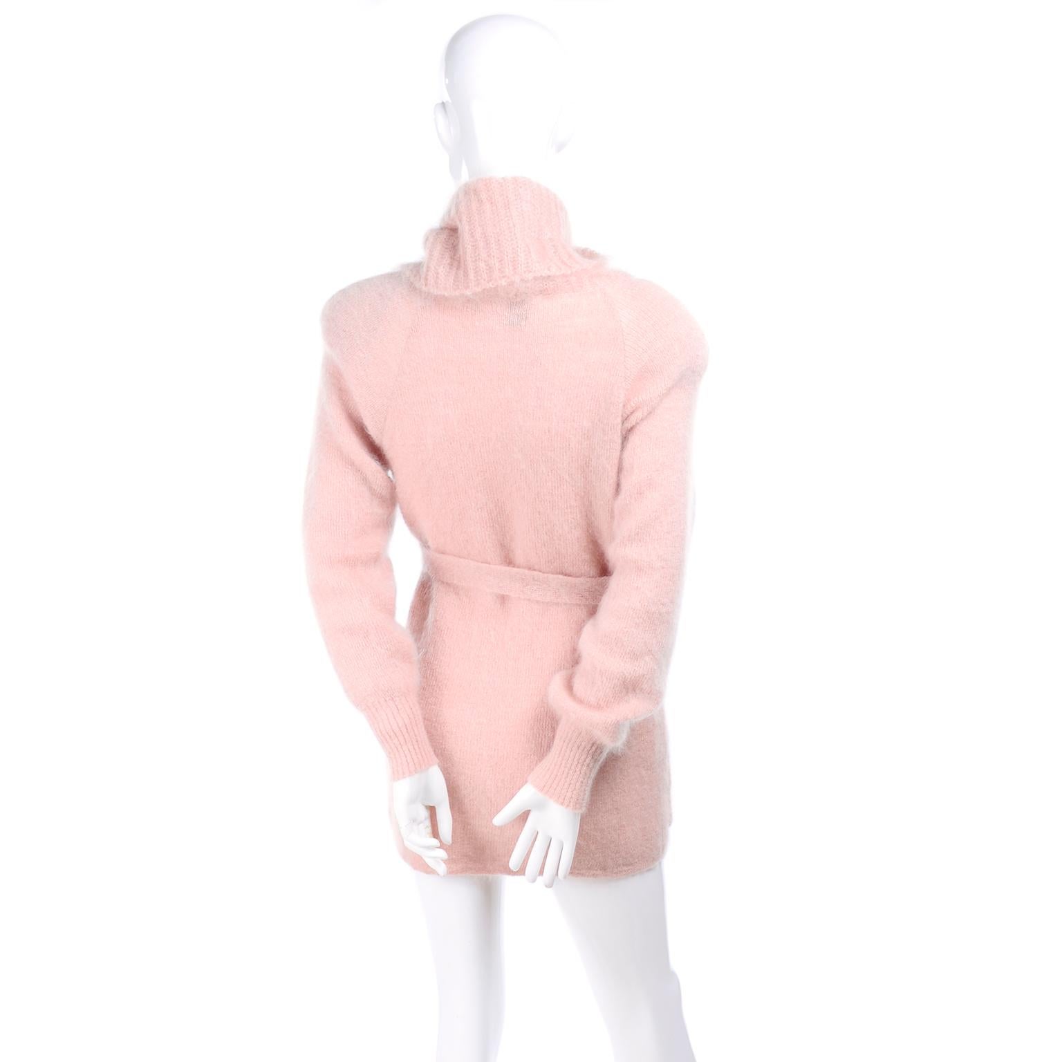 1970s Anne Klein Pink Mohair Cowl Neck Sweater With Pockets & Belt Made in Italy 1