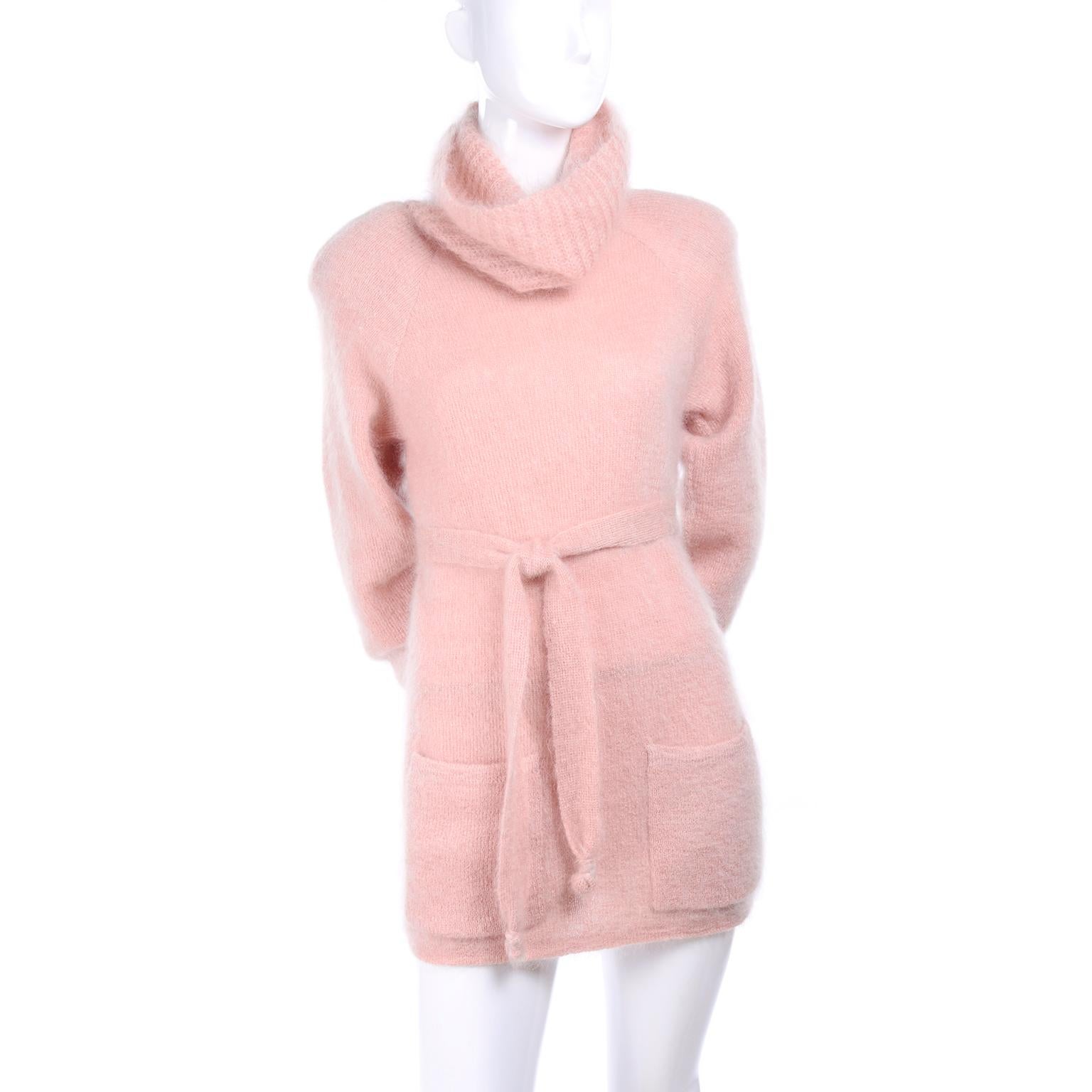 1970s Anne Klein Pink Mohair Cowl Neck Sweater With Pockets & Belt Made in Italy 2