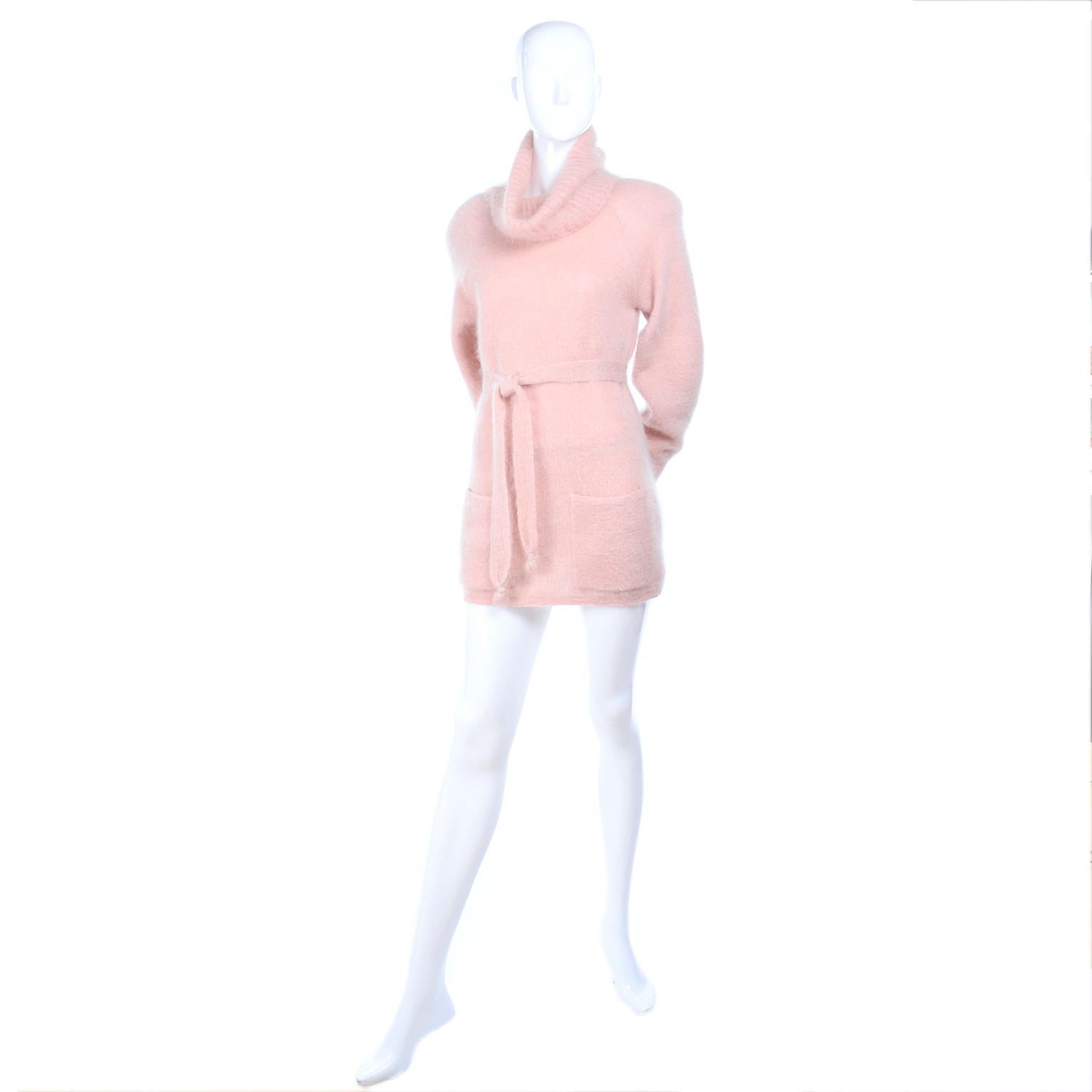 1970s Anne Klein Pink Mohair Cowl Neck Sweater With Pockets & Belt Made in Italy 4