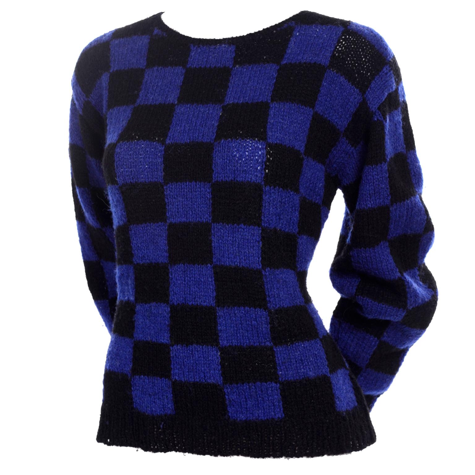 1980s Perry Ellis Vintage Blue 
Black Check Wool Hand Knit Sweater I Magnin