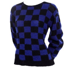 1980s Perry Ellis Vintage Blue & Black Check Wool Hand Knit Sweater I Magnin