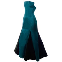 Arnold Scaasi Vintage Dress Strapless Green Evening Gown W/ Velvet Trumpet Skirt