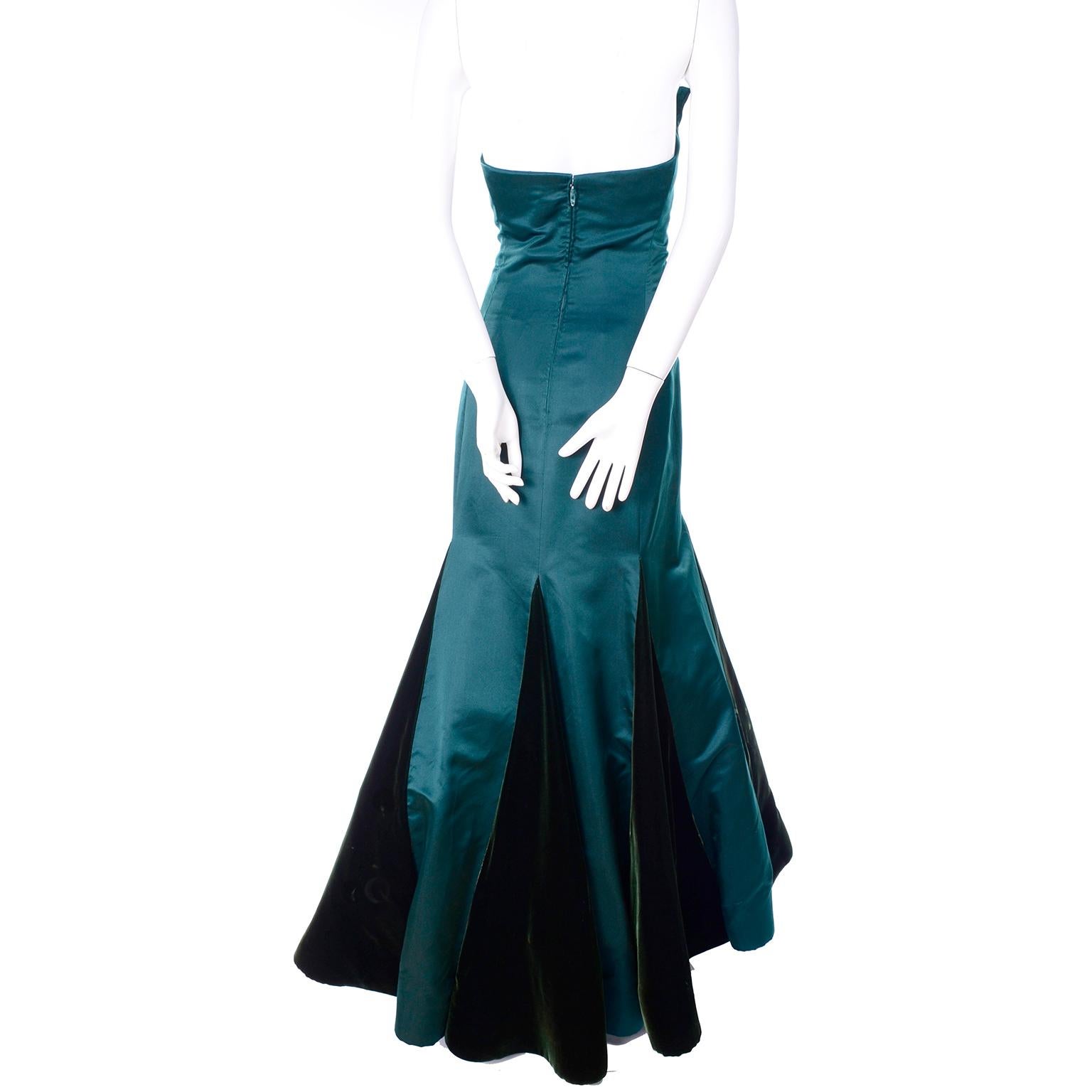 Black Arnold Scaasi Vintage Dress Strapless Green Evening Gown W/ Velvet Trumpet Skirt