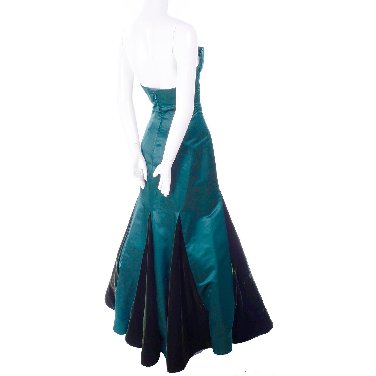 Arnold Scaasi Vintage Dress Strapless Green Evening Gown W/ Velvet Trumpet Skirt In Good Condition In Portland, OR
