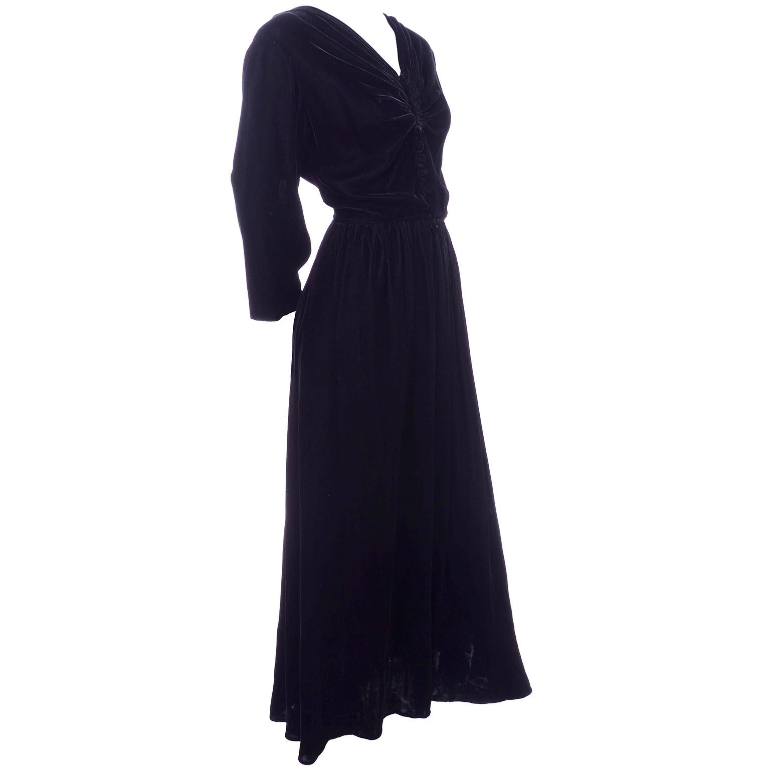 Vintage 1940s Black Velvet Evening Dress or Hostess Gown