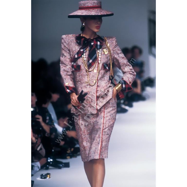 1985 Chanel Runway Tweed With Skirt Blazer and Silk Blouse Red White ...