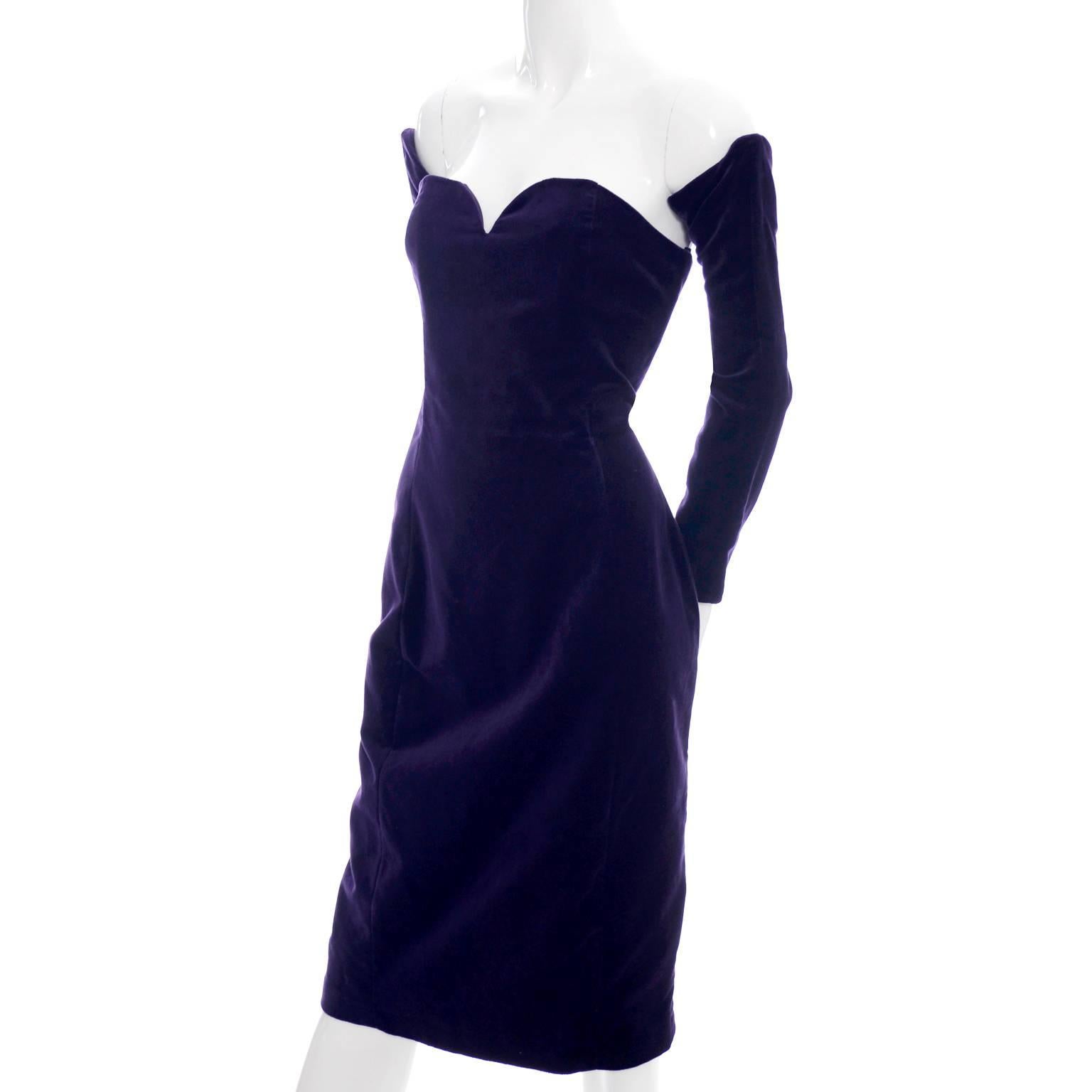 Women's Travilla Purple Velvet Vintage Cocktail Dress Detached Sleeves Opera Gloves 1980