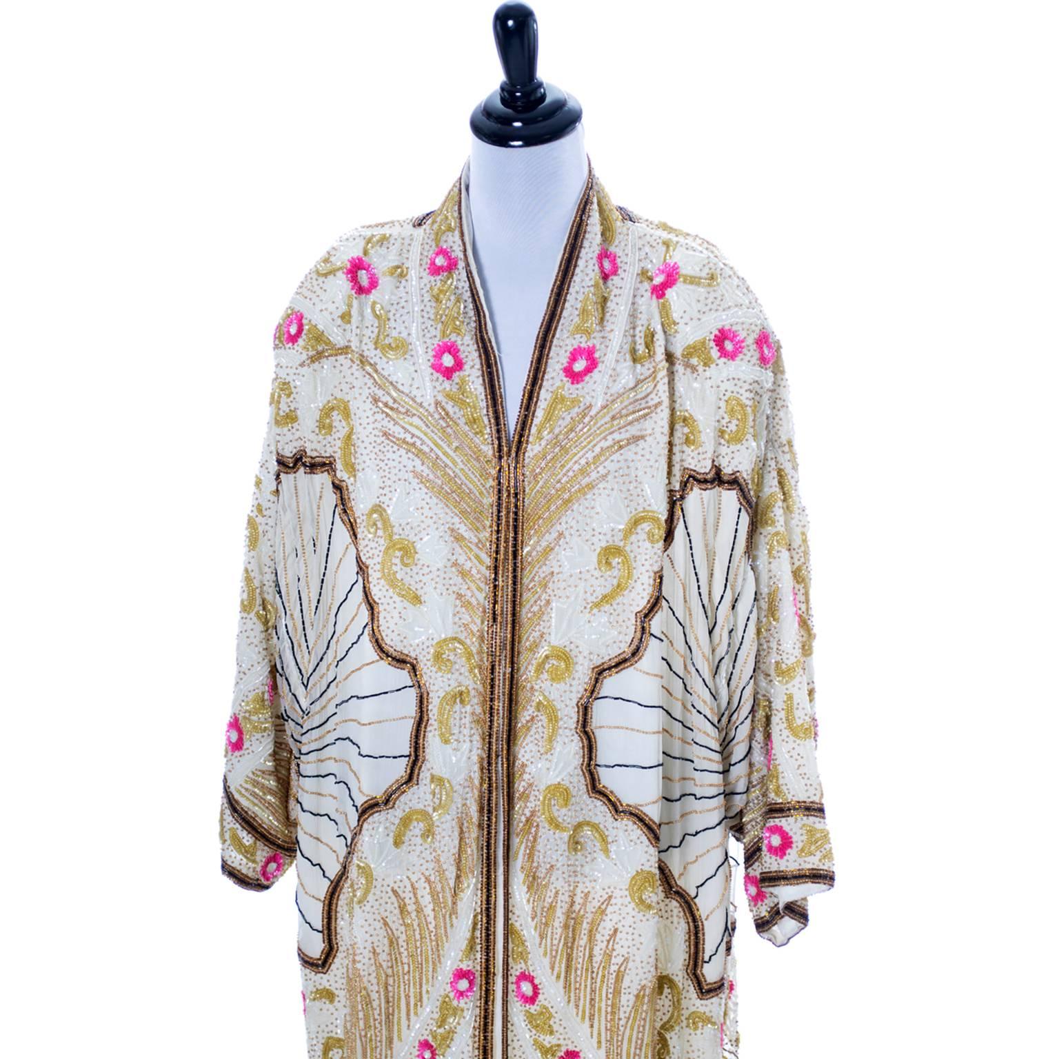 Beige Birjand Gunit Beaded Vintage Evening Coat 1980s Flapper 1920s Style One Size