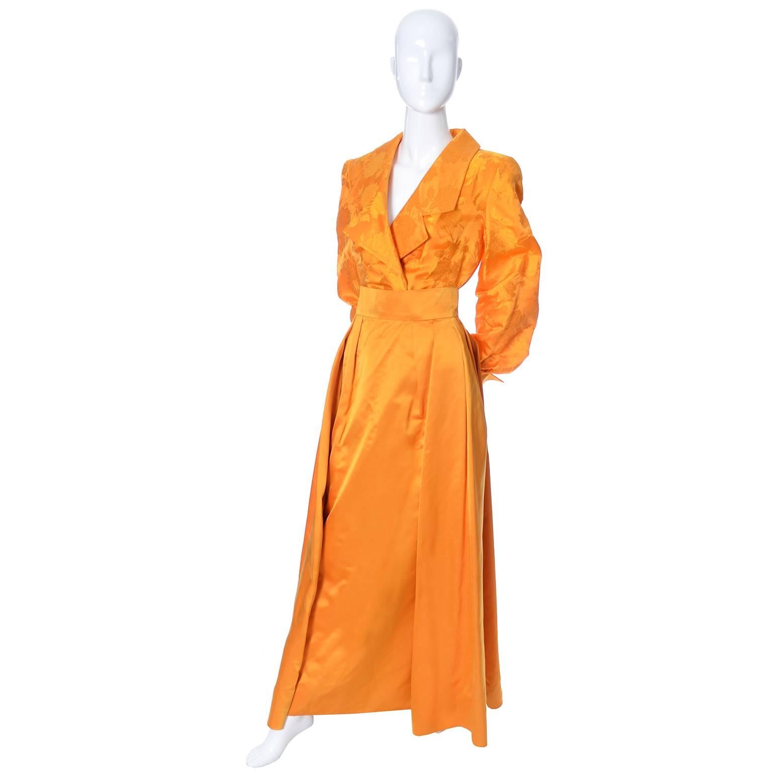 Luis Estevez vintage designer silk 2 piece dress in a gorgeous marigold silk.  Show stopping orange-gold vintage 2 piece evening gown with jacquard blouse and solid skirt with the estevez couture label. The blouse is a bodysuit and the solid silk