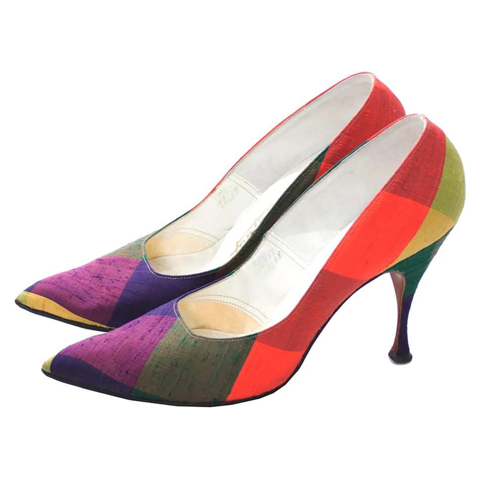 Fontana Roma Vintage Raw Silk Madras Plaid Ladies Shoes 1950s Kitten