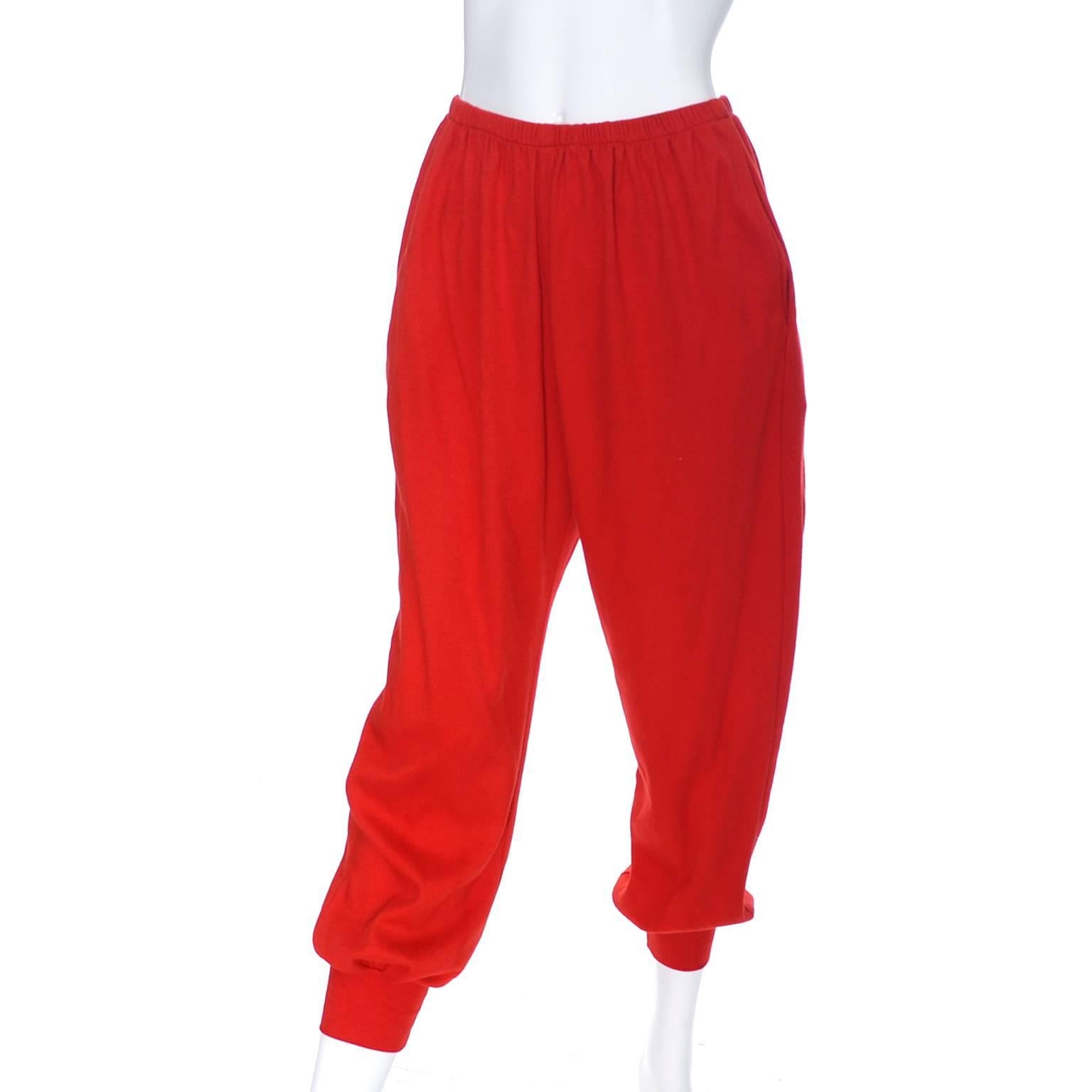 Vintage Norma Kamali Red Pants Knickers Top Sweatshirt Early Label 1980s Suit In Excellent Condition In Portland, OR