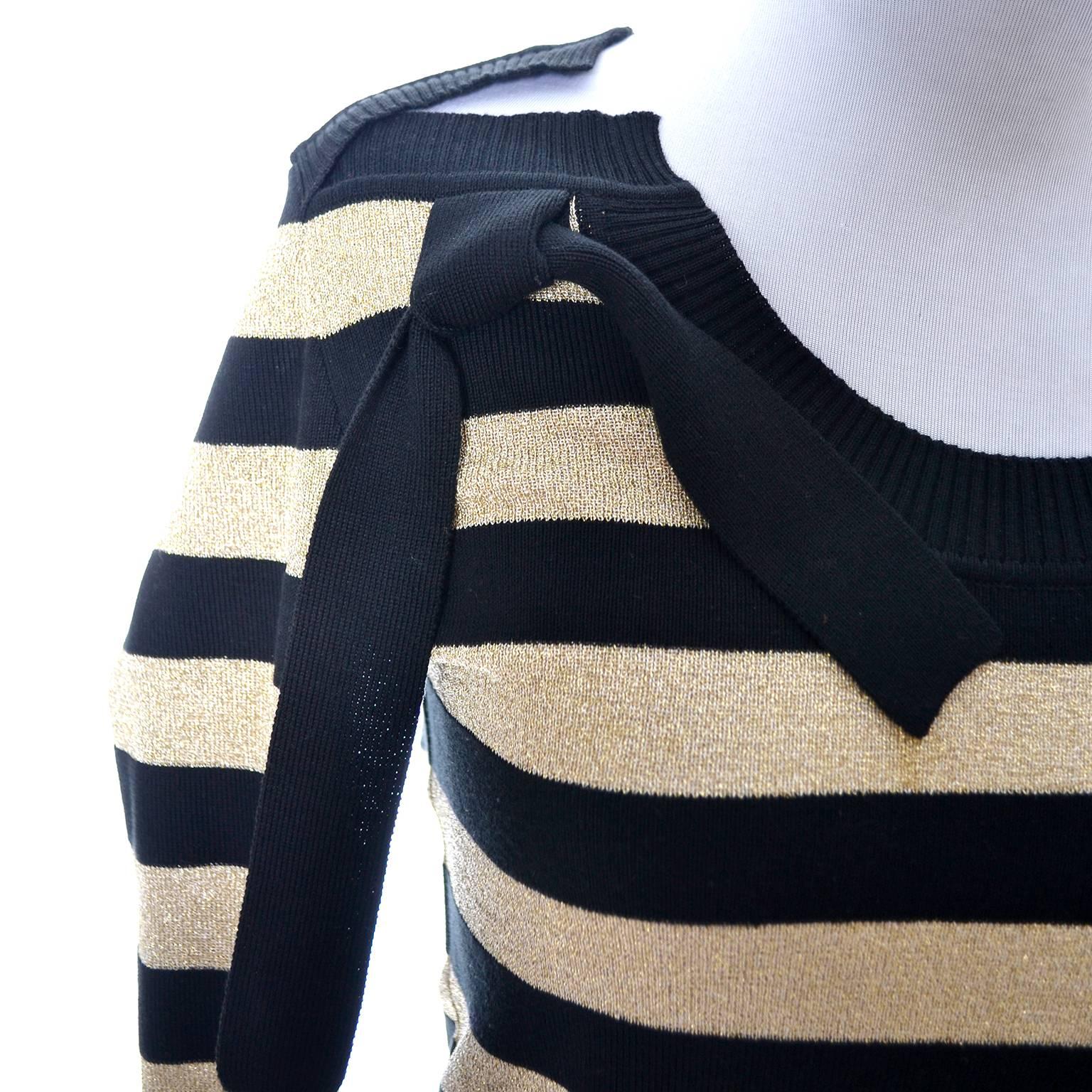 Black Sonia Rykiel Vintage Sweater Top Gold Sparkle Stripes Made in Italy