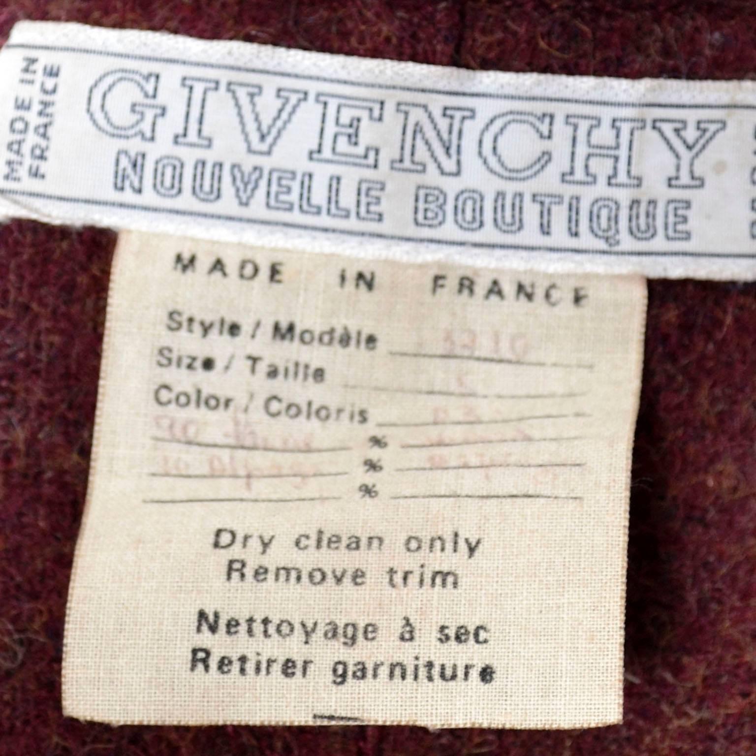 Black Givenchy Nouvelle Boutique 1970s Vintage Givenchy Coat Burgundy Alpaca Wool  For Sale