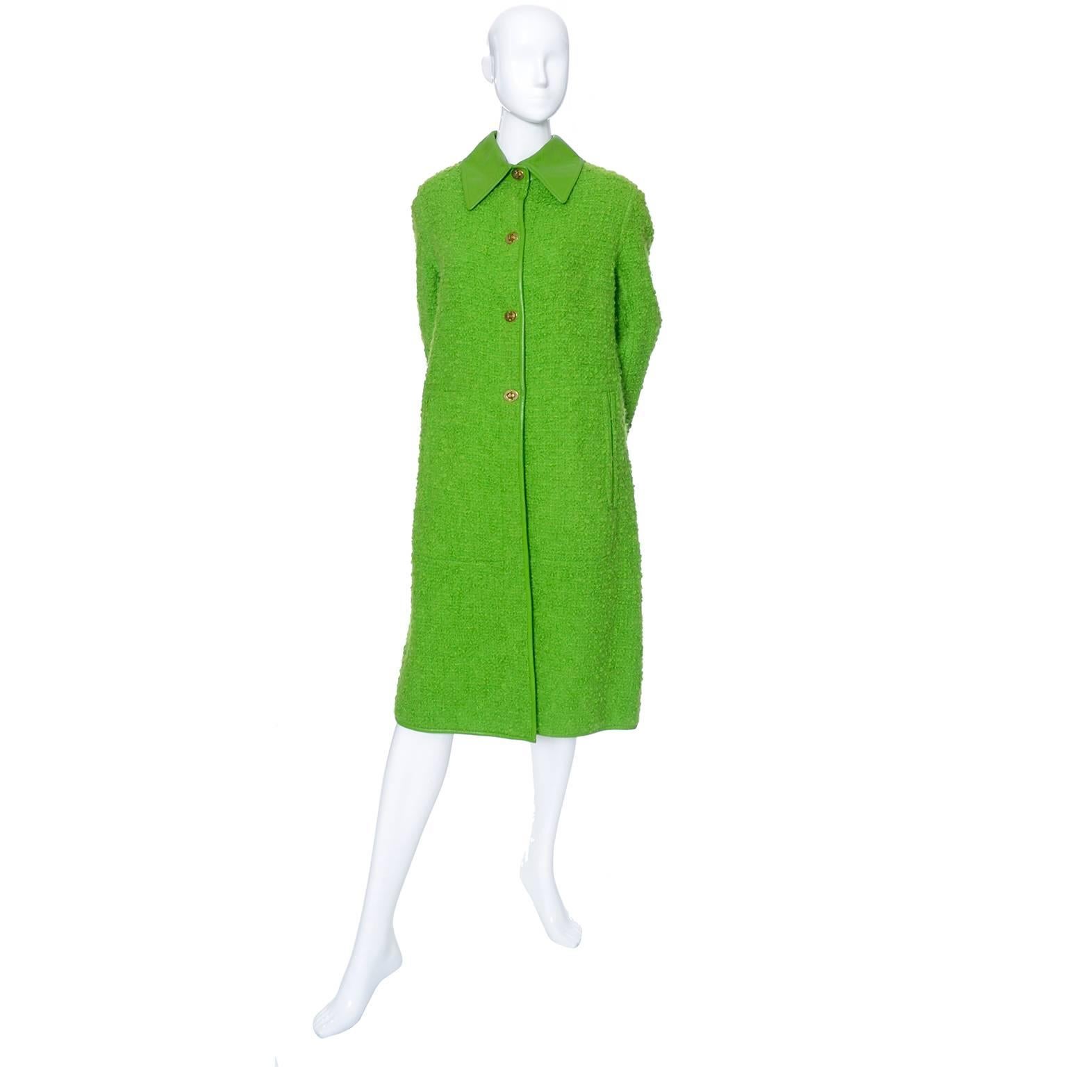 I love this late 1960's or early 1970's vintage Bonnie Cashin curly lime green boucle' Sills Coat. This fabulous coat has Cashin's signature toggle closures, a back slit, and side slit pockets. The coat has green leather trim that matches the