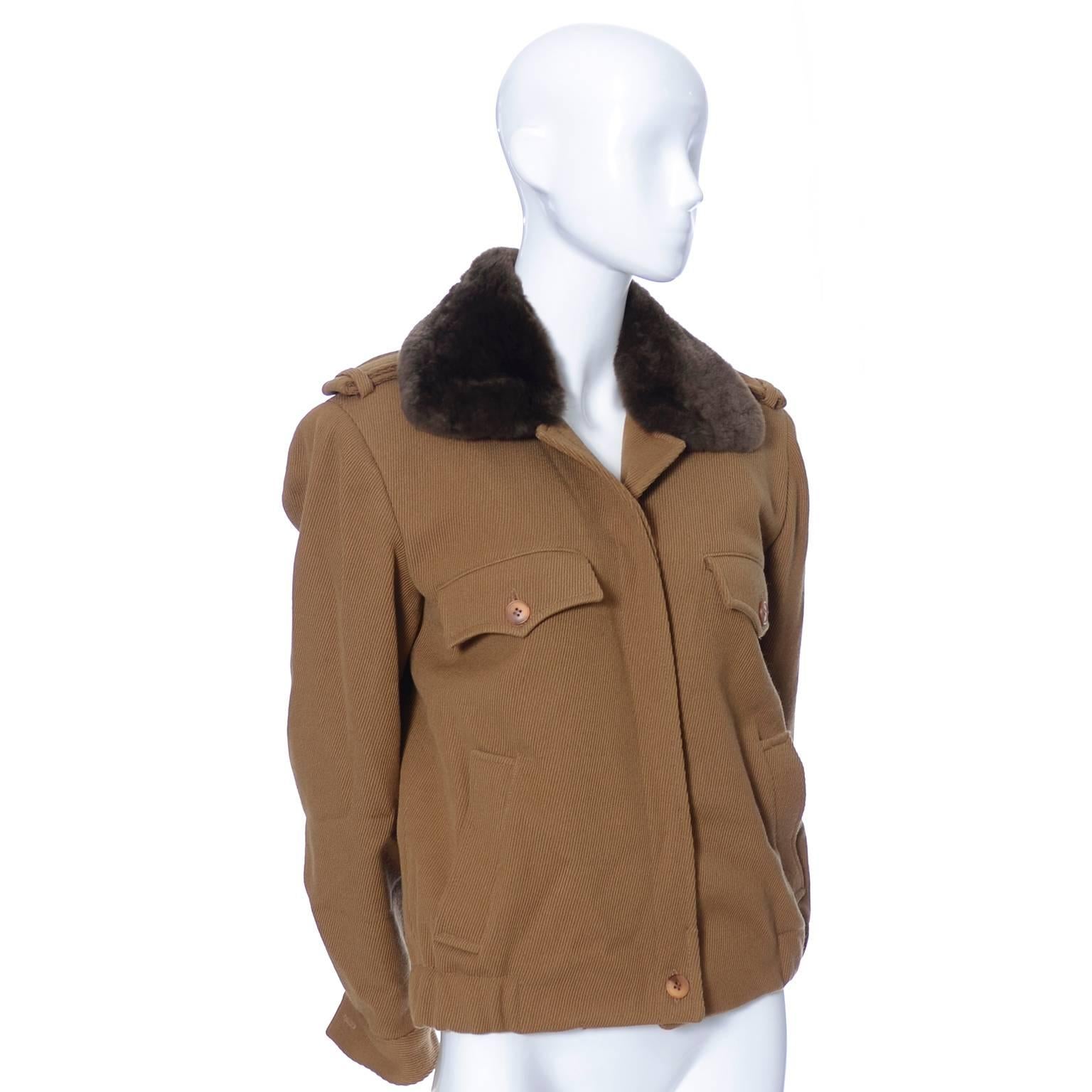 Brown Anne Klein Vintage Coat Early 1970s Bomber Eisenhower Jacket Sheared Fur Collar