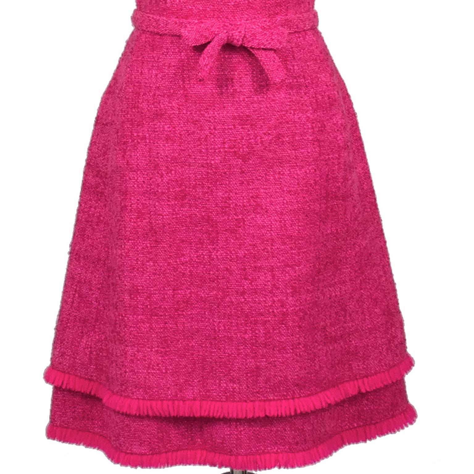 Lanz - Robe vintage d'origine en tweed rose vif sans manches à franges, années 1960 Pour femmes en vente