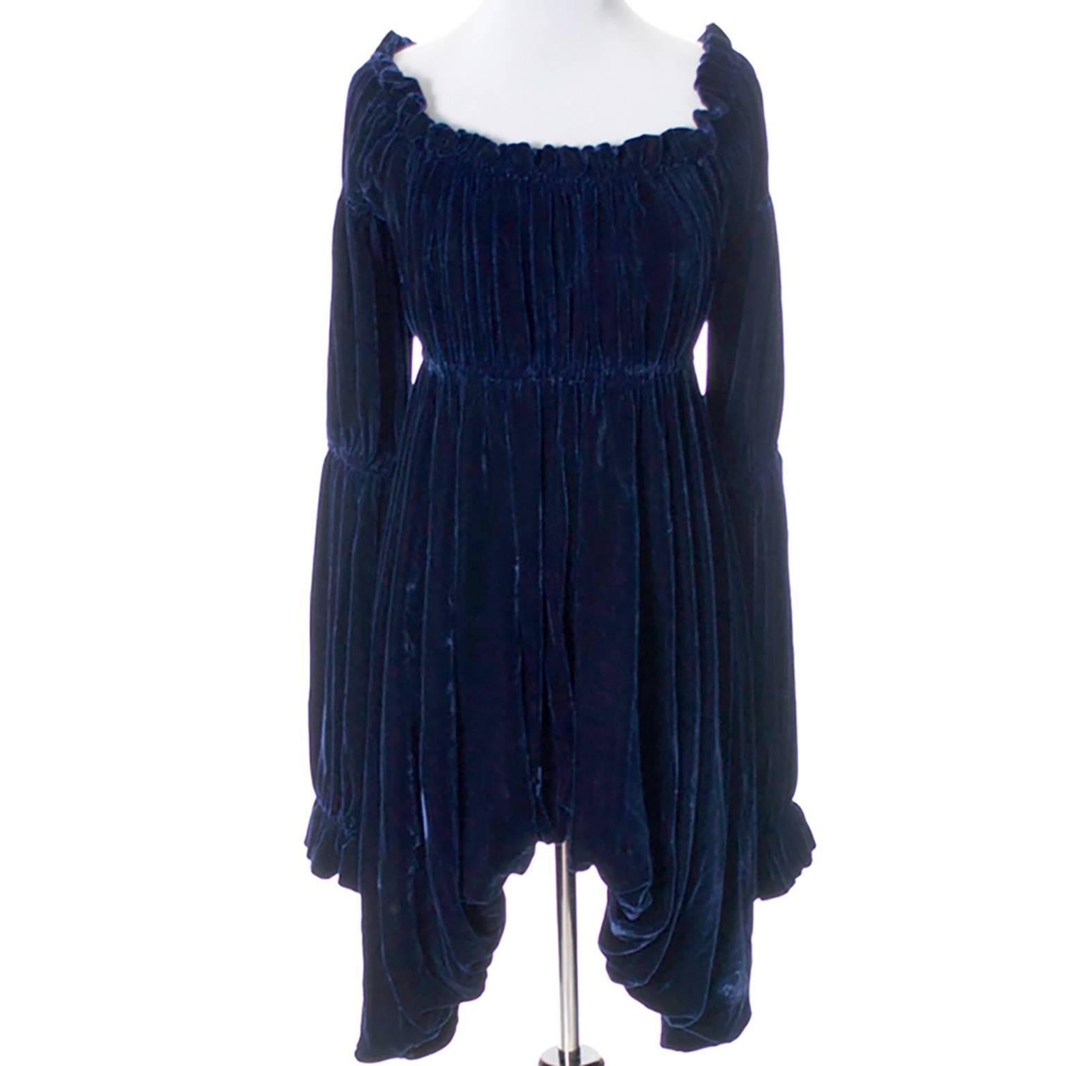 Black Vintage Norma Kamali 80s Avant Garde Blue Velvet Dress Poet Sleeves 