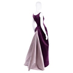 Vintage Bill Blass Two Toned Purple Satin Gathered Evening Dress Gown With Train