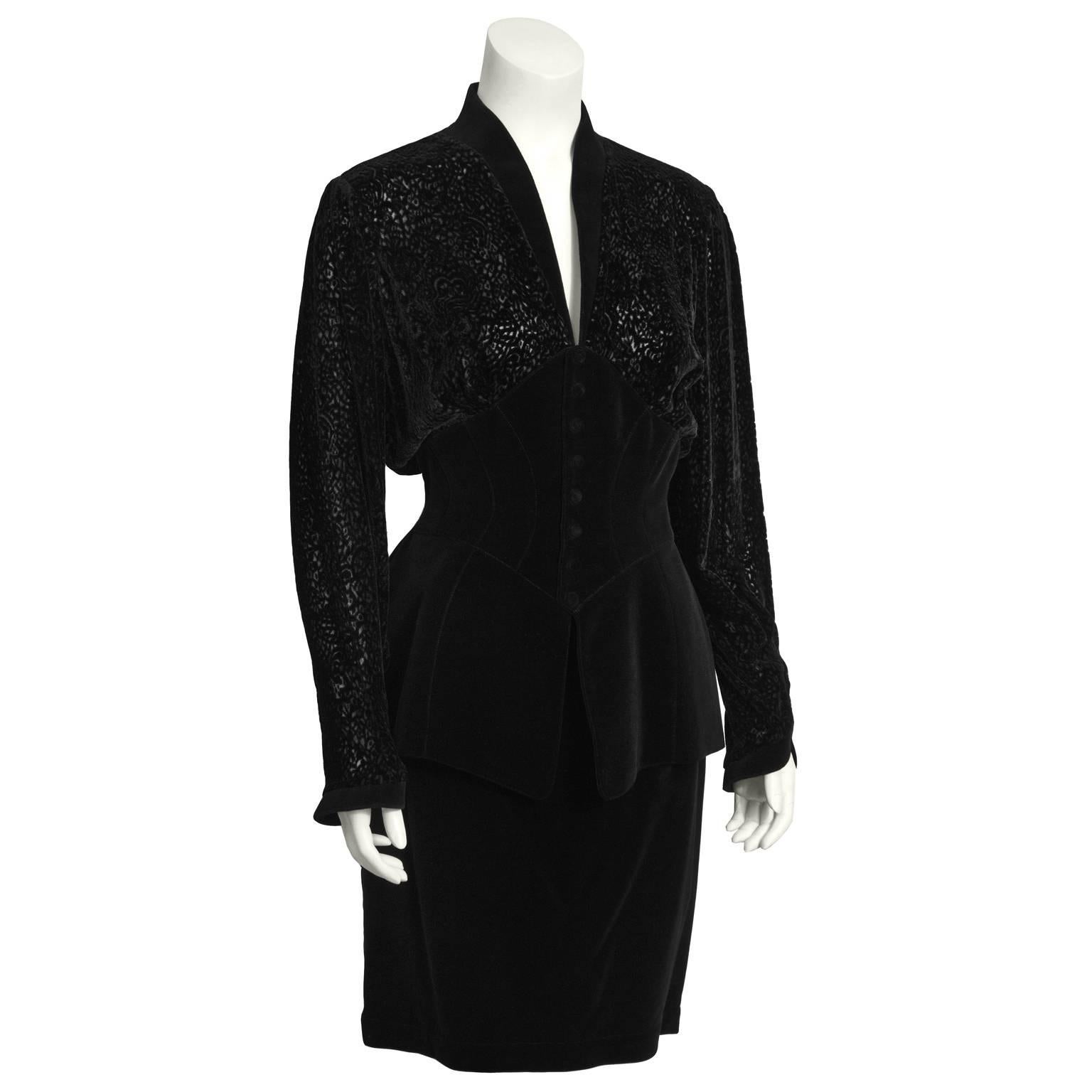 Women's 1980's Thierry Mugler Black Velvet Skirt Suit 