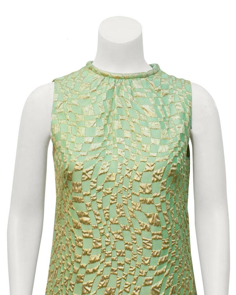 1960's Suzr Perette Mint Green and Gold Brocade Op- Art Dress In Excellent Condition In Toronto, Ontario