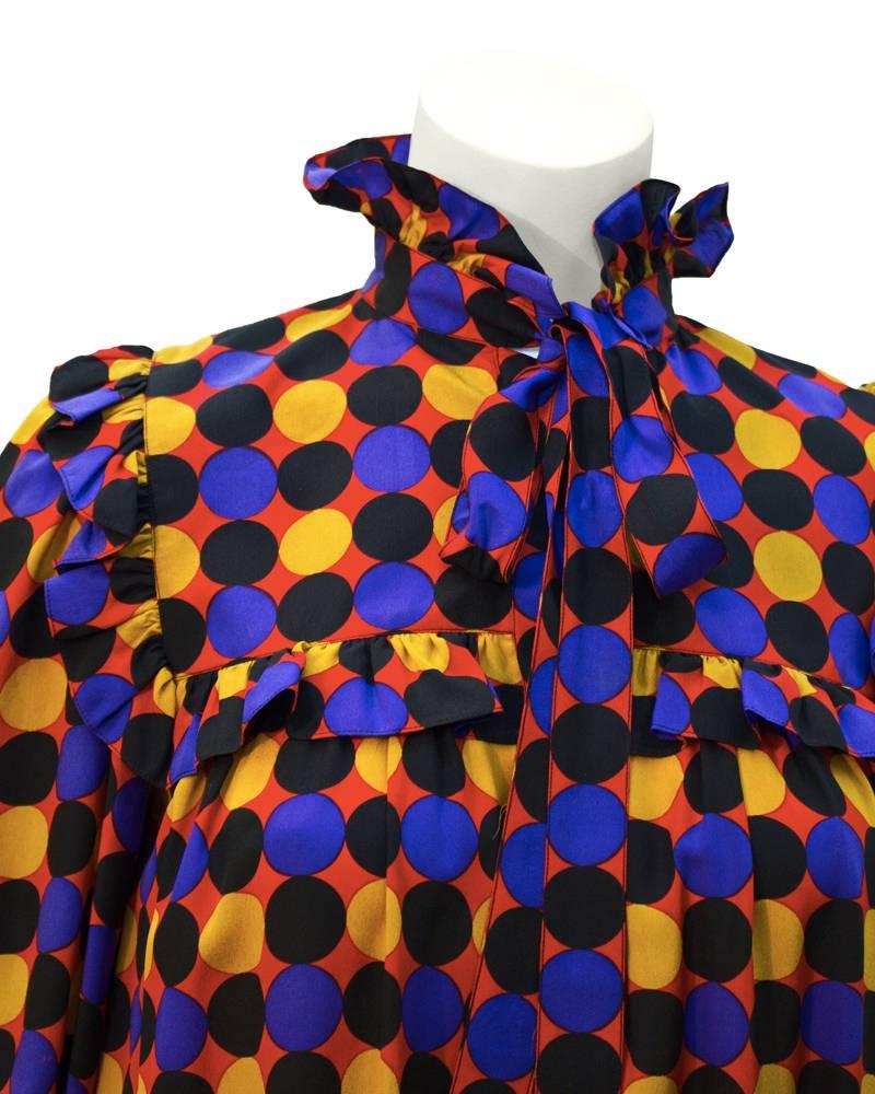 1970's Yves Saint Laurent YSL Silk Polka Dot Smock Dress In Excellent Condition In Toronto, Ontario