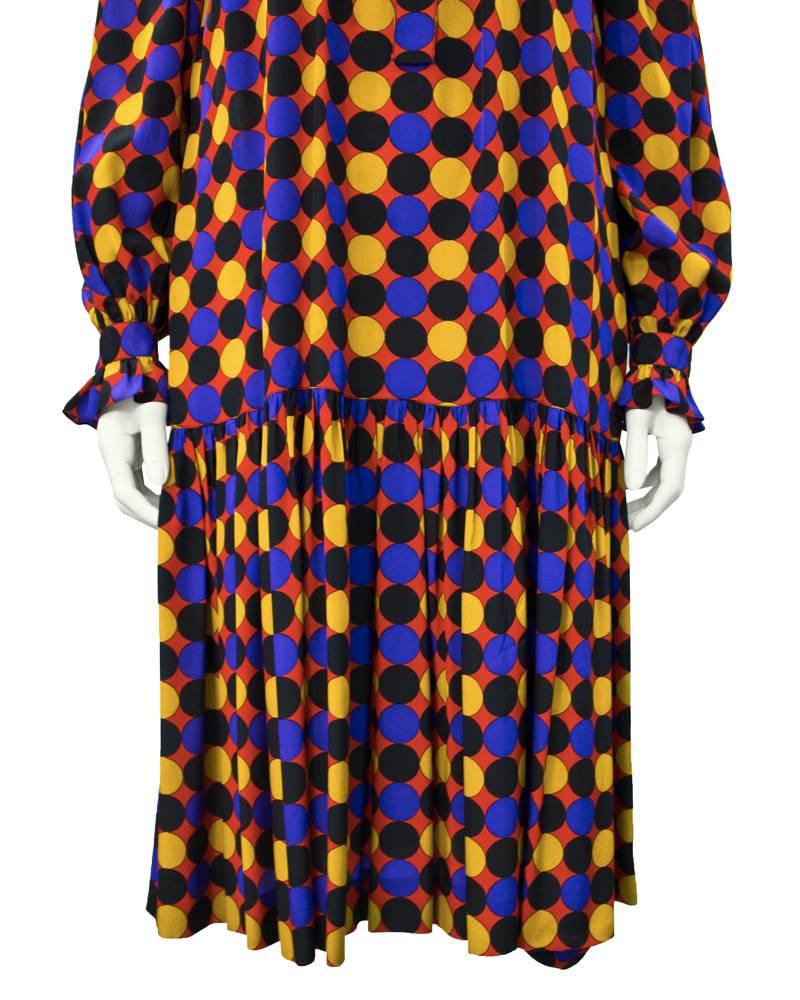 Women's 1970's Yves Saint Laurent YSL Silk Polka Dot Smock Dress