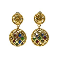 Retro MId 1970's-80's Chanel Earrings with Hanging Caged Multicolored Beads 