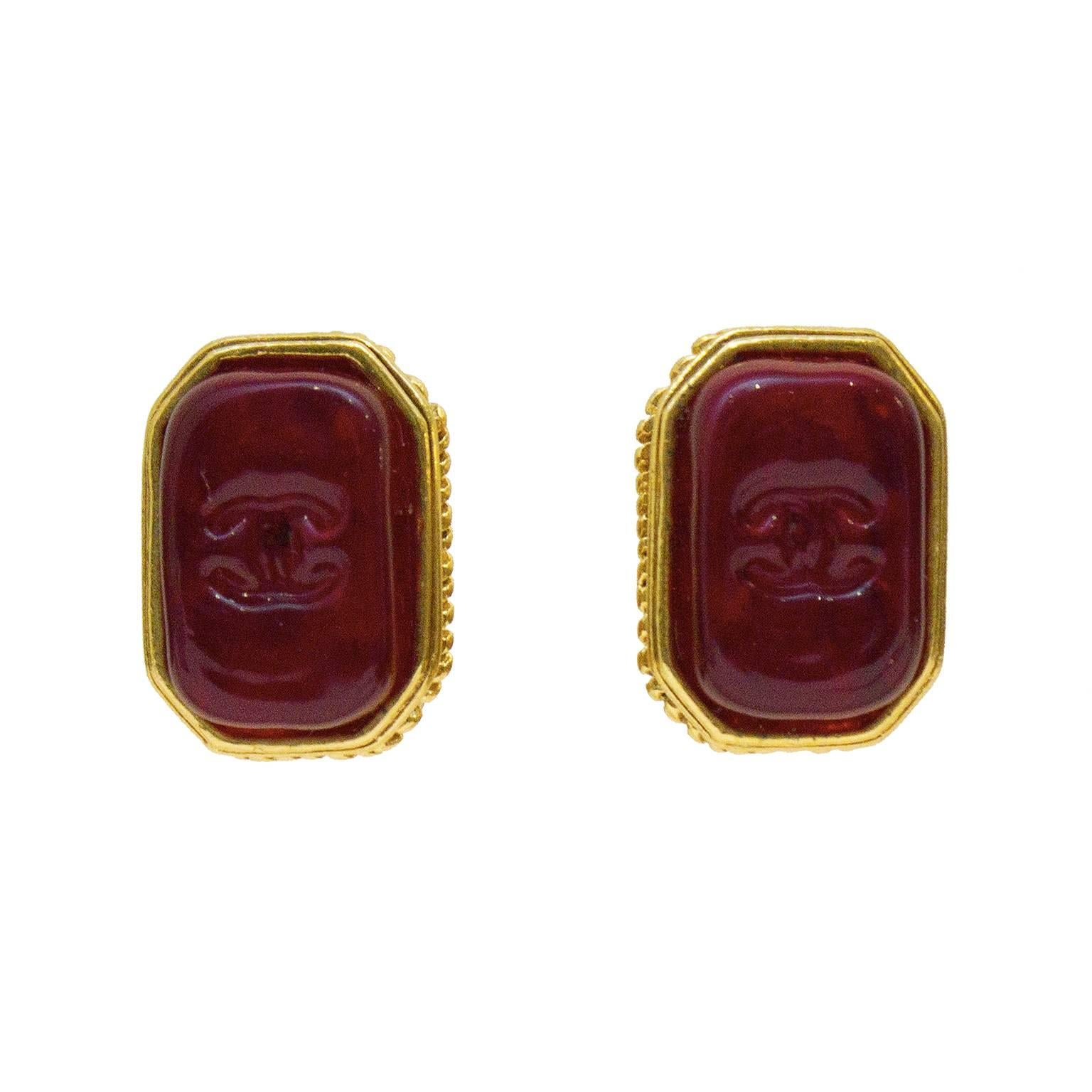 1998 Chanel Rectangle Red Poured Glass Earrings