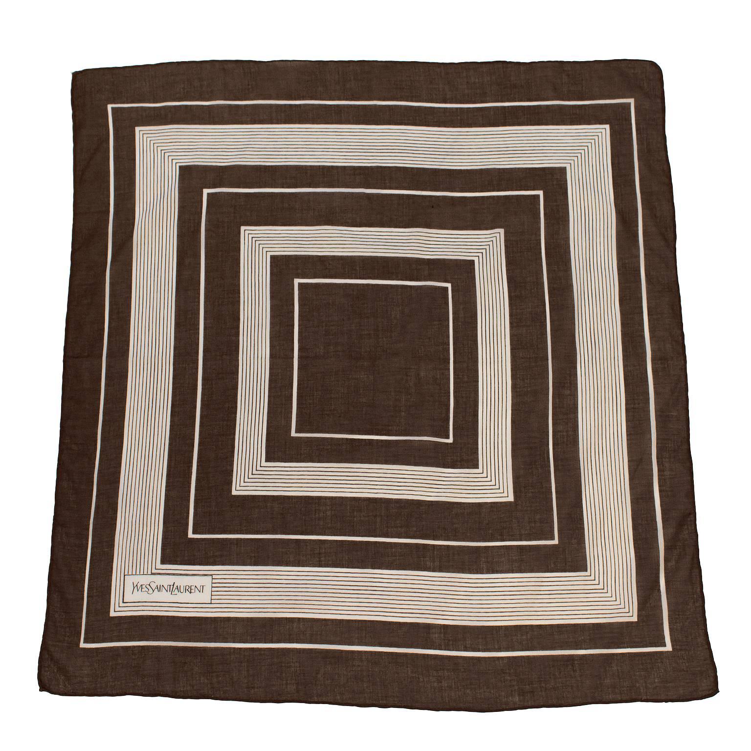 1970's Yves Saint Laurent YSL Brown Square Cotton Scarf