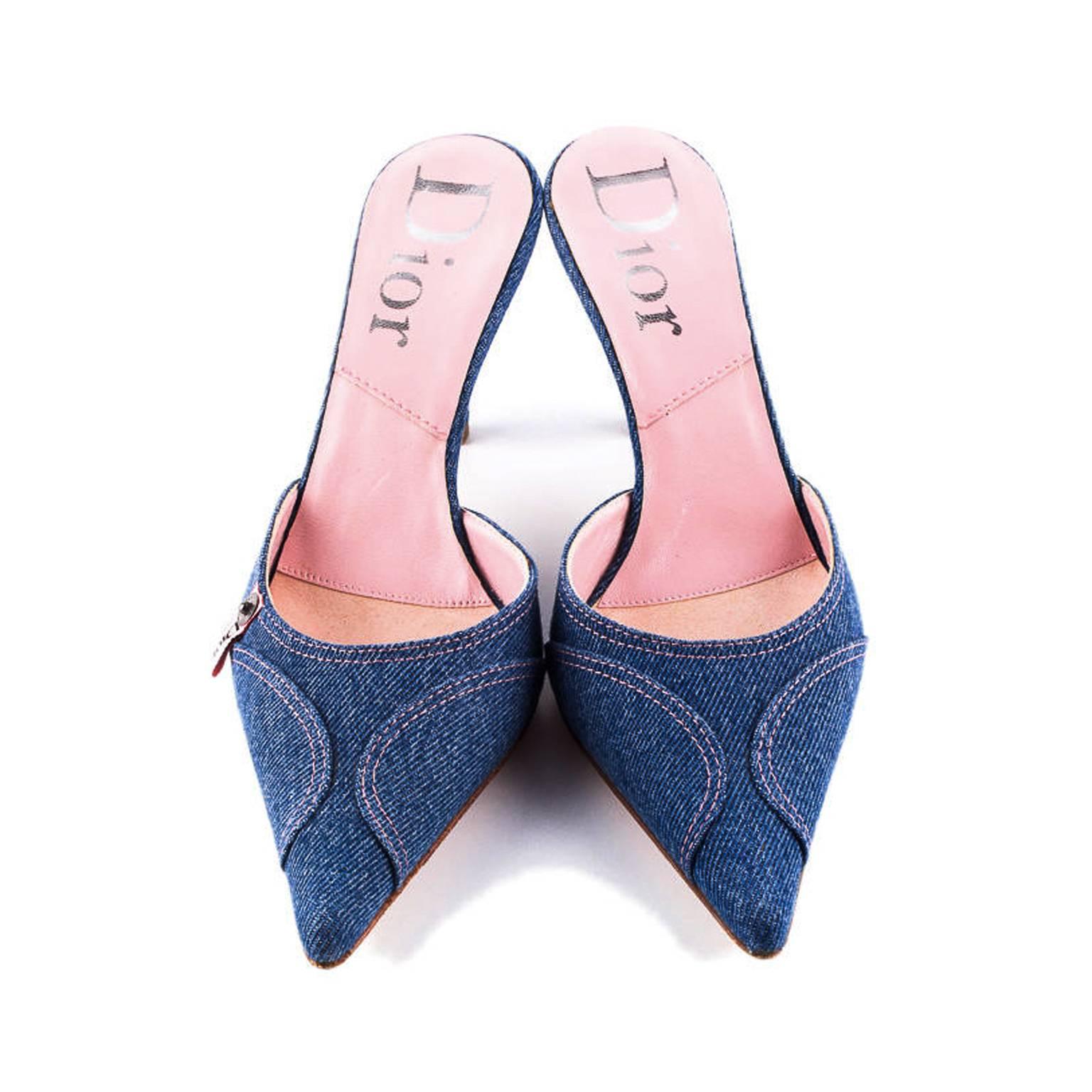 Blue Denim Mules by Christian Dior from the early 2000's, John Galliano era. This slip-in style features pink stitching throughout, logo tab at topline and a 3