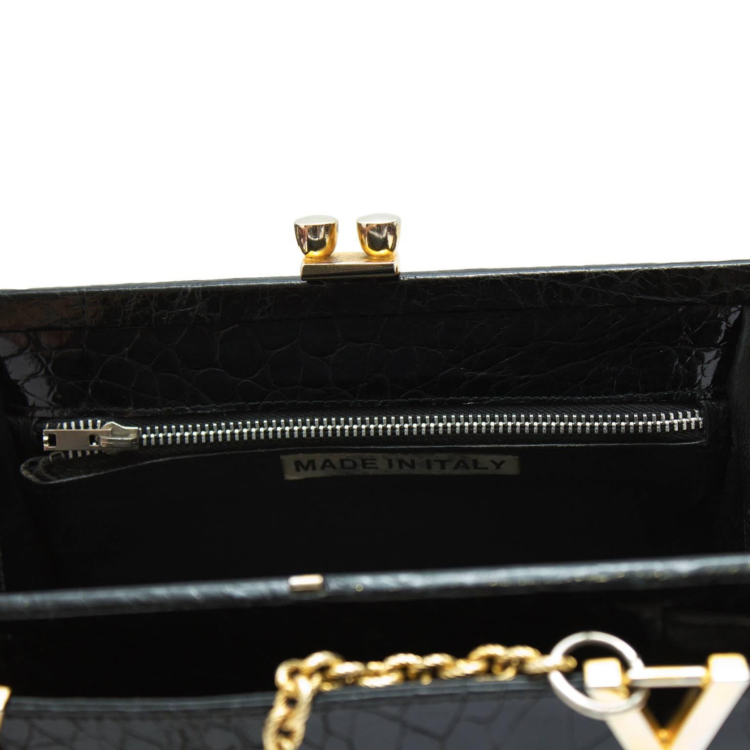 Women's 1960's Black Stamped Skin Shoulder Bag with Gold Details