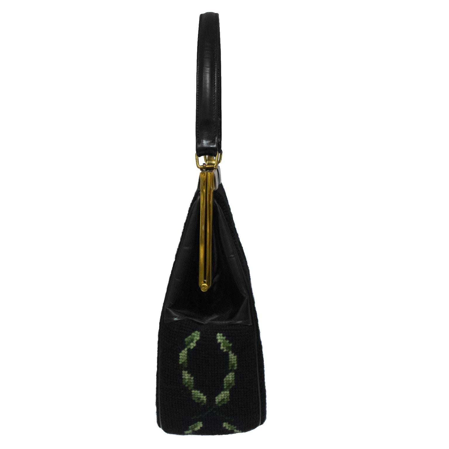 Black 1950's Needlepoint Top Handle Lady Bag