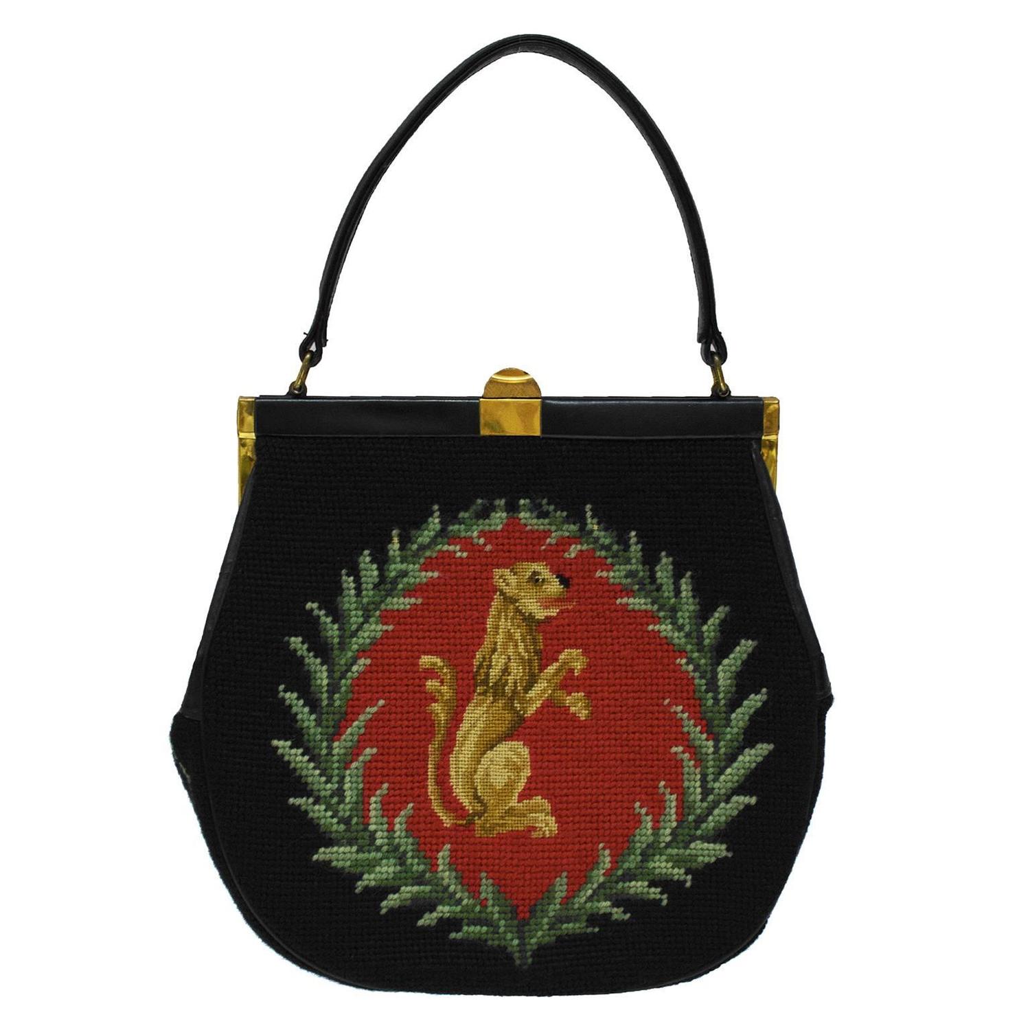 1950's Needlepoint Top Handle Lady Bag For Sale at 1stdibs