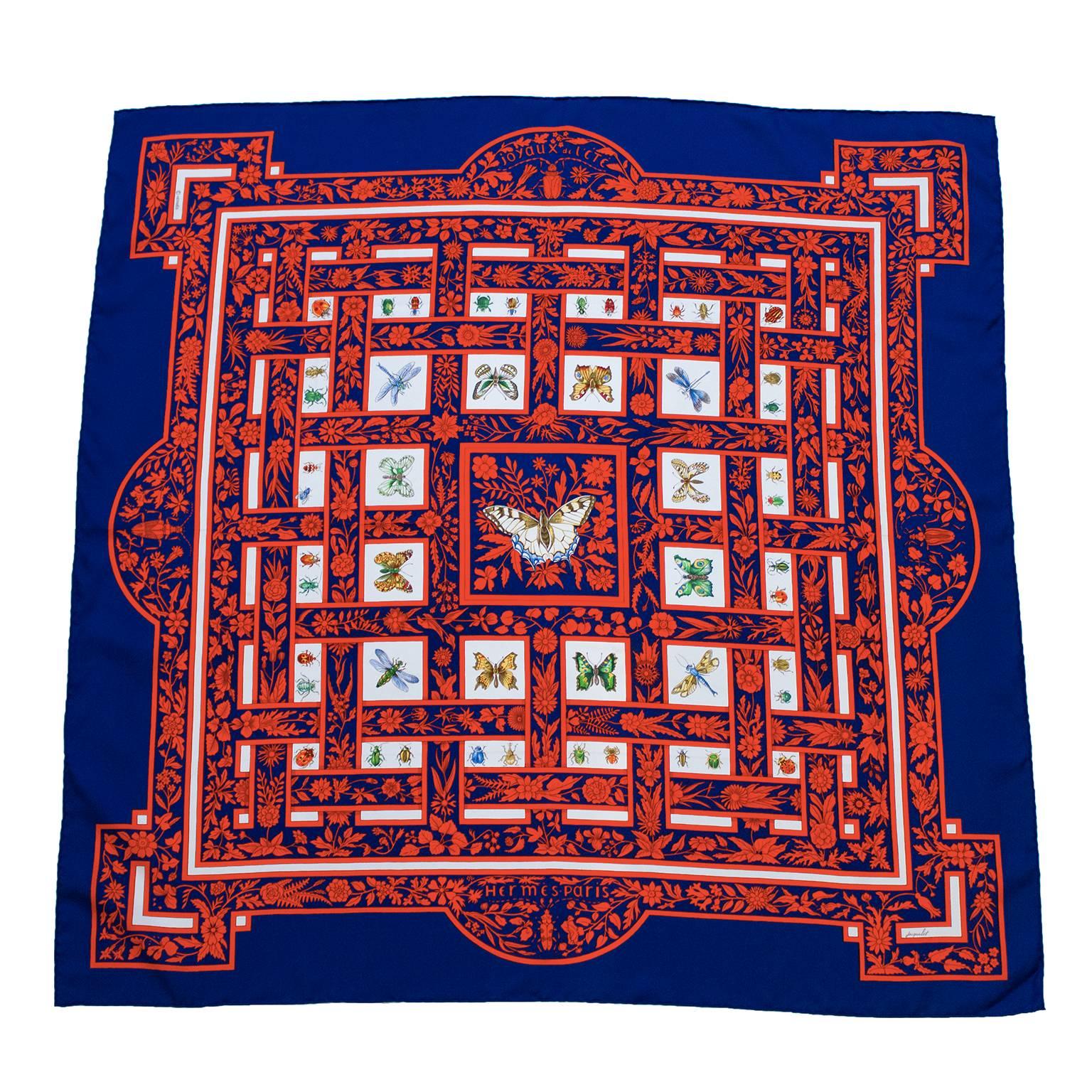 1995 Hermes Joyaux d'Ete Navy and Red Silk Scarf