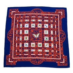 Vintage 1995 Hermes Joyaux d'Ete Navy and Red Silk Scarf