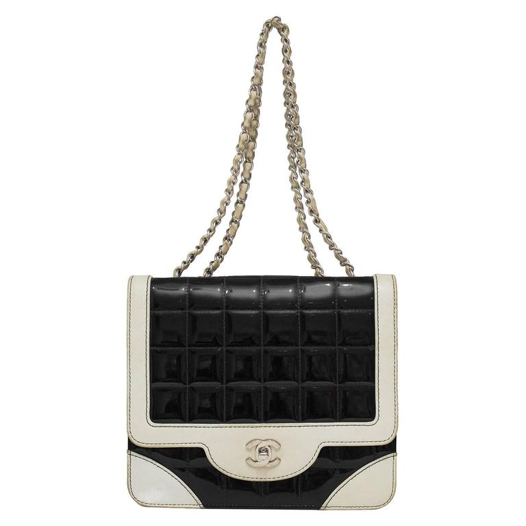 1980&#39;s Chanel Black and White Patent Leather Shoulder Bag at 1stdibs