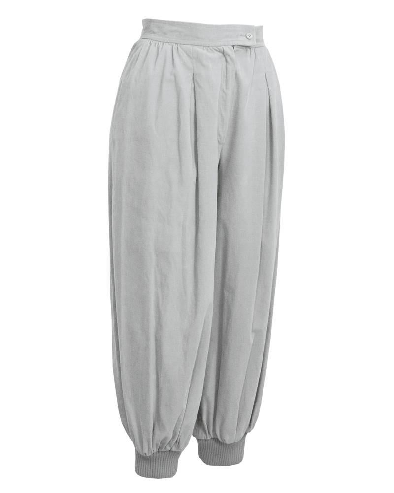 YES these are authentic and unique pale grey 1970s YSL Rive Gauche corduroy knickers. Inverted pleats at waistband give lots of volume to the legs, ribbed stretch above the ankle ankle cuffs. Zipper closure at rise with a matching pale grey button.