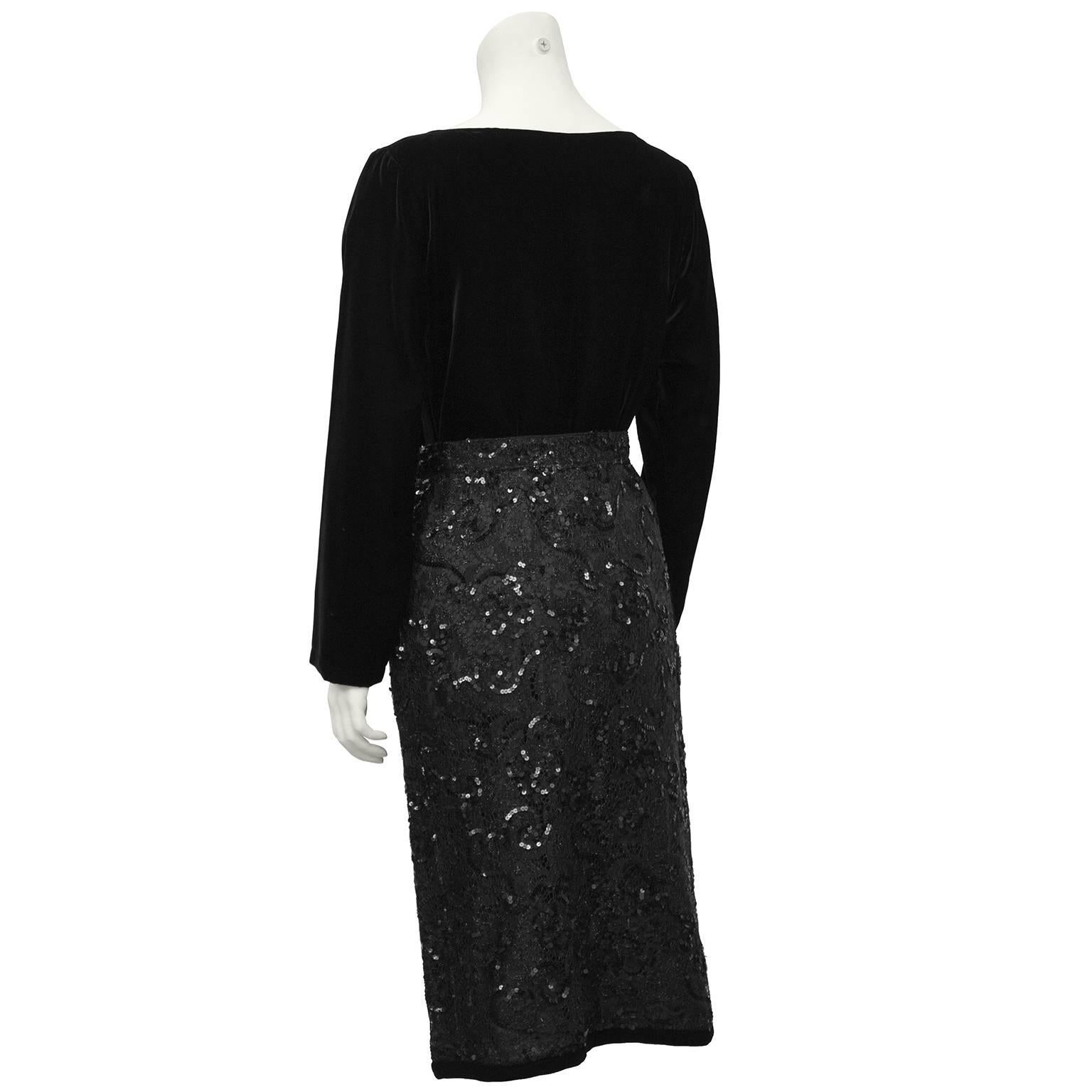 1980's Yves Saint Laurent Black Velvet Top & Lace Skirt Ensemble  In Excellent Condition For Sale In Toronto, Ontario