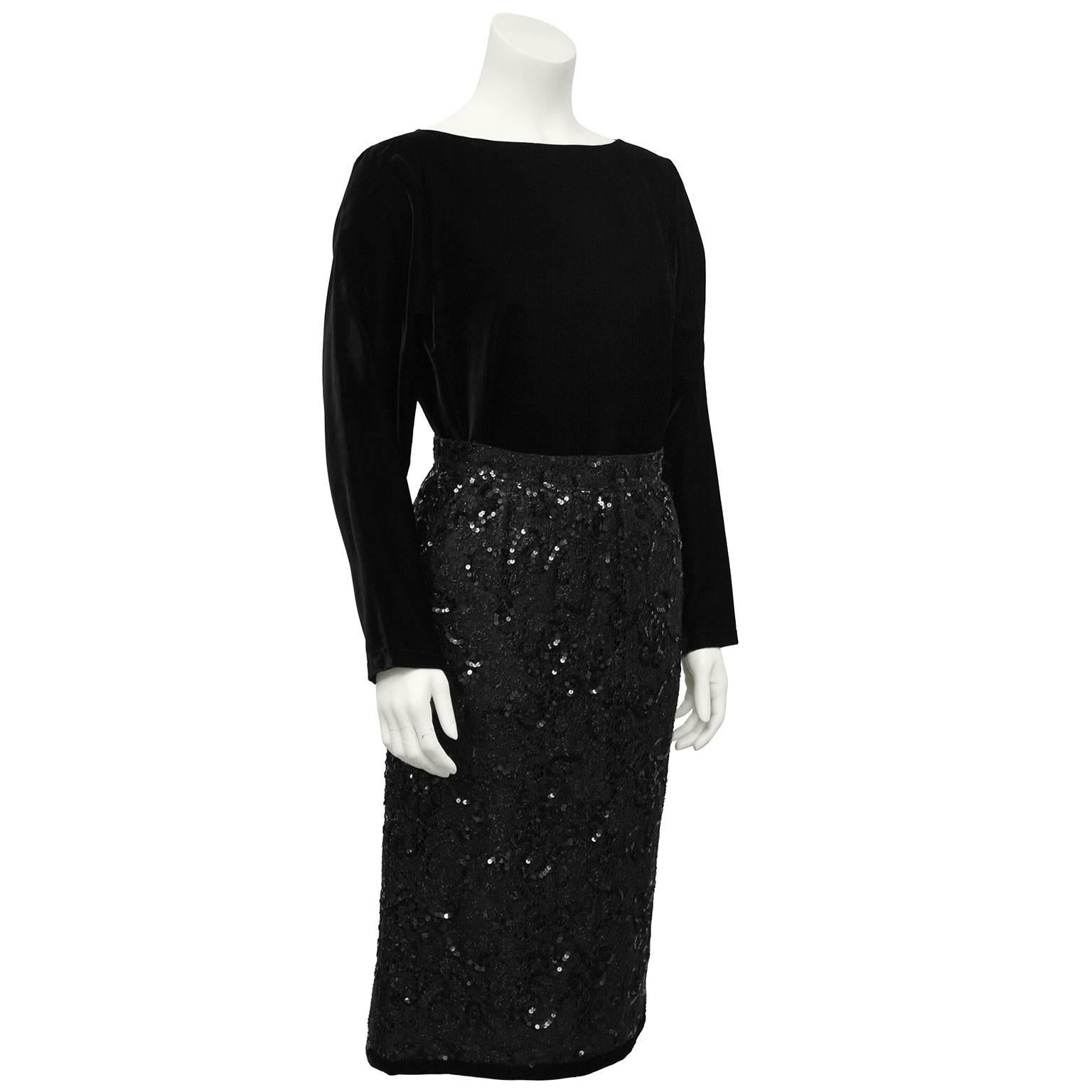 Elegant 1980s Yves Saint Laurent ensemble. Jet black long sleeve velvet top and black lace pencil skirt, embellished with small black sequins and a matching black velvet trim at hem. Great pieces that can be worn as an ensemble, or separately. US